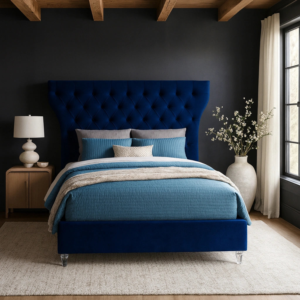 Kira Navy Velvet Queen Bed