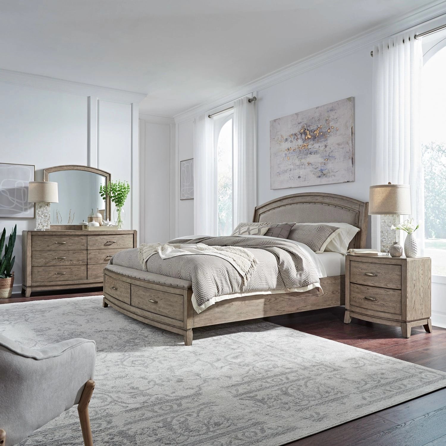 Avalon King Uph Storage Bed, Dresser & Mirror, Night Stand image