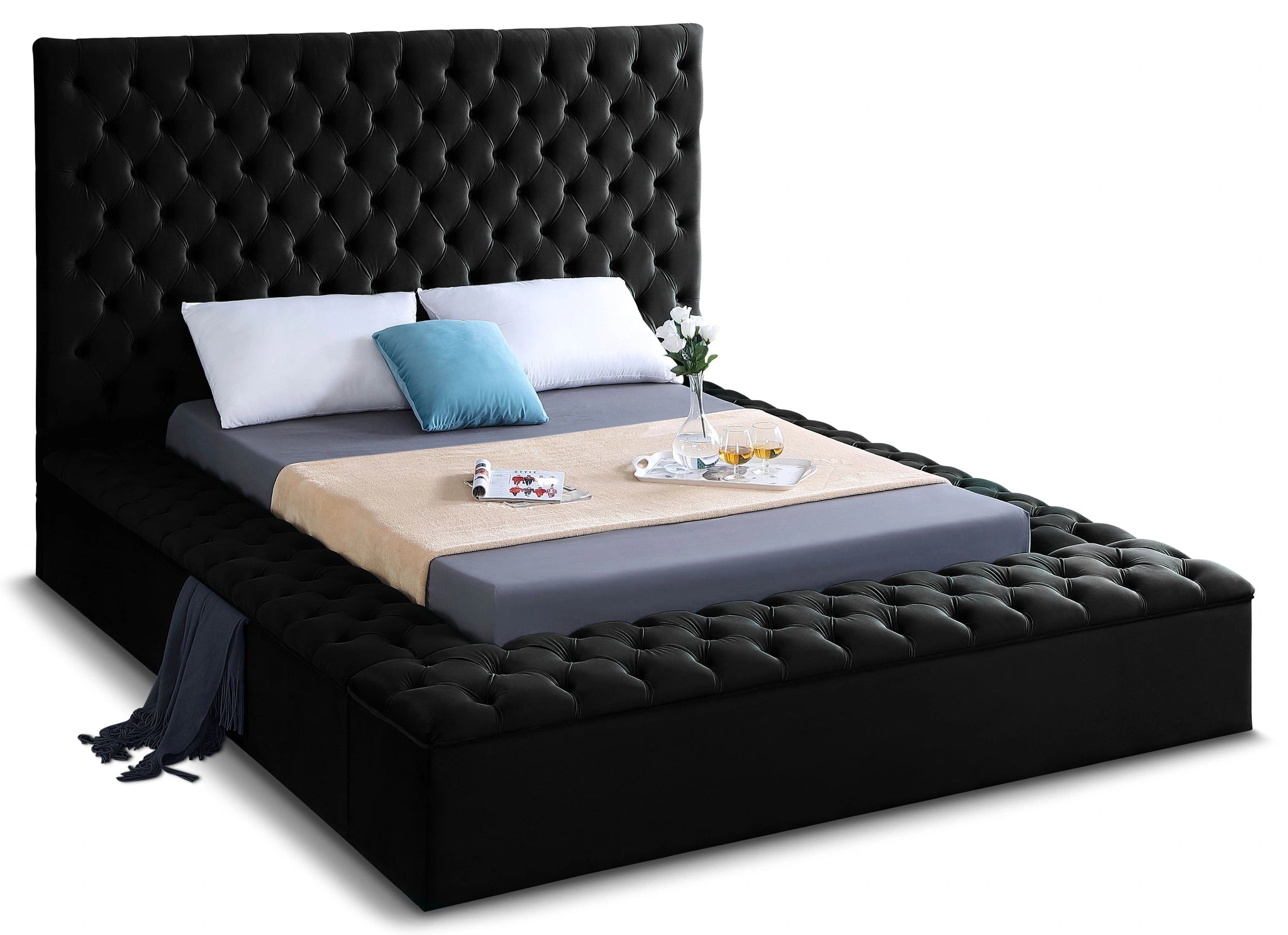 Bliss Black Velvet Queen Bed (3 Boxes)