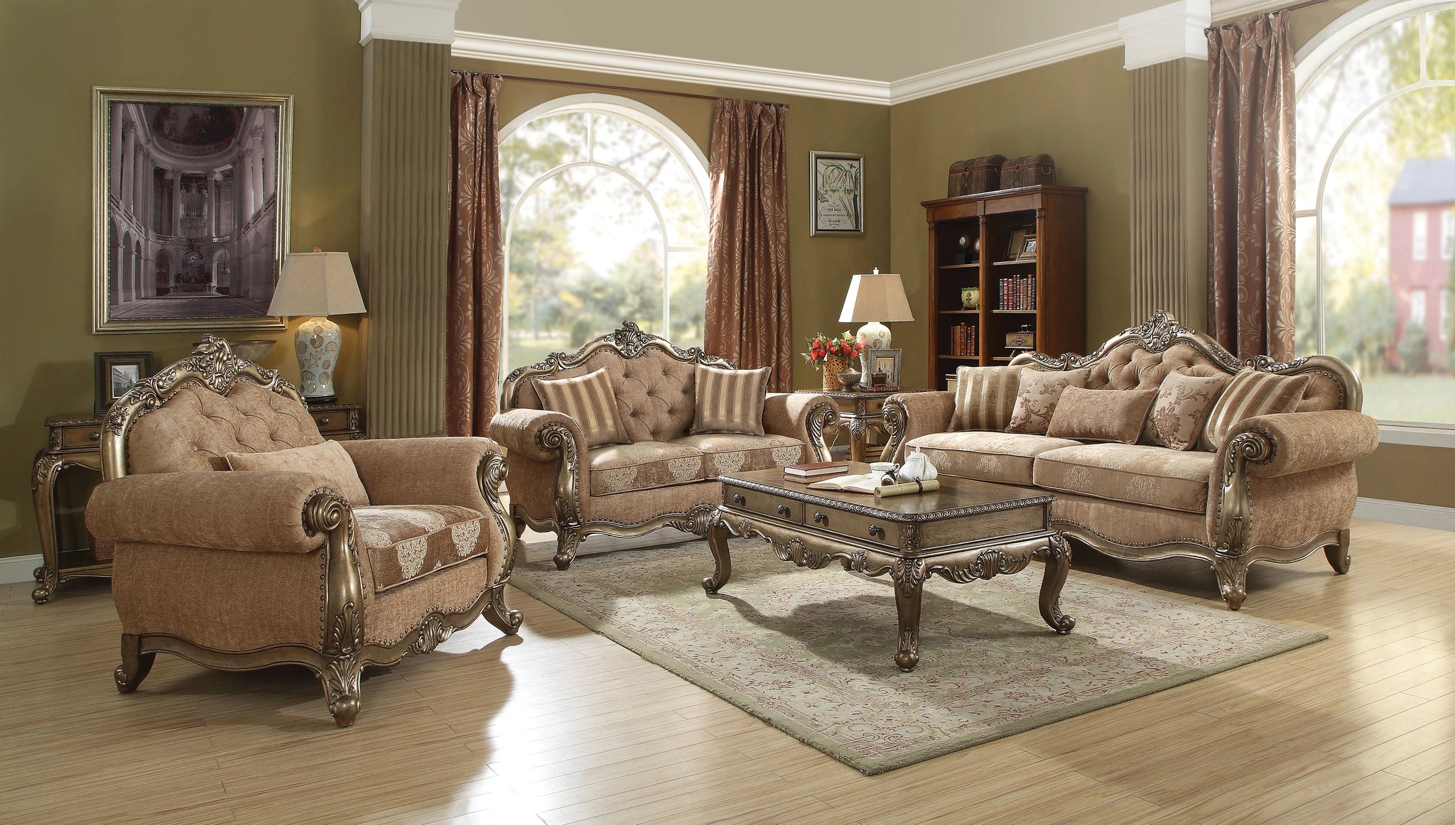 Ragenardus Fabric & Vintage Oak Sofa w/5 Pillows