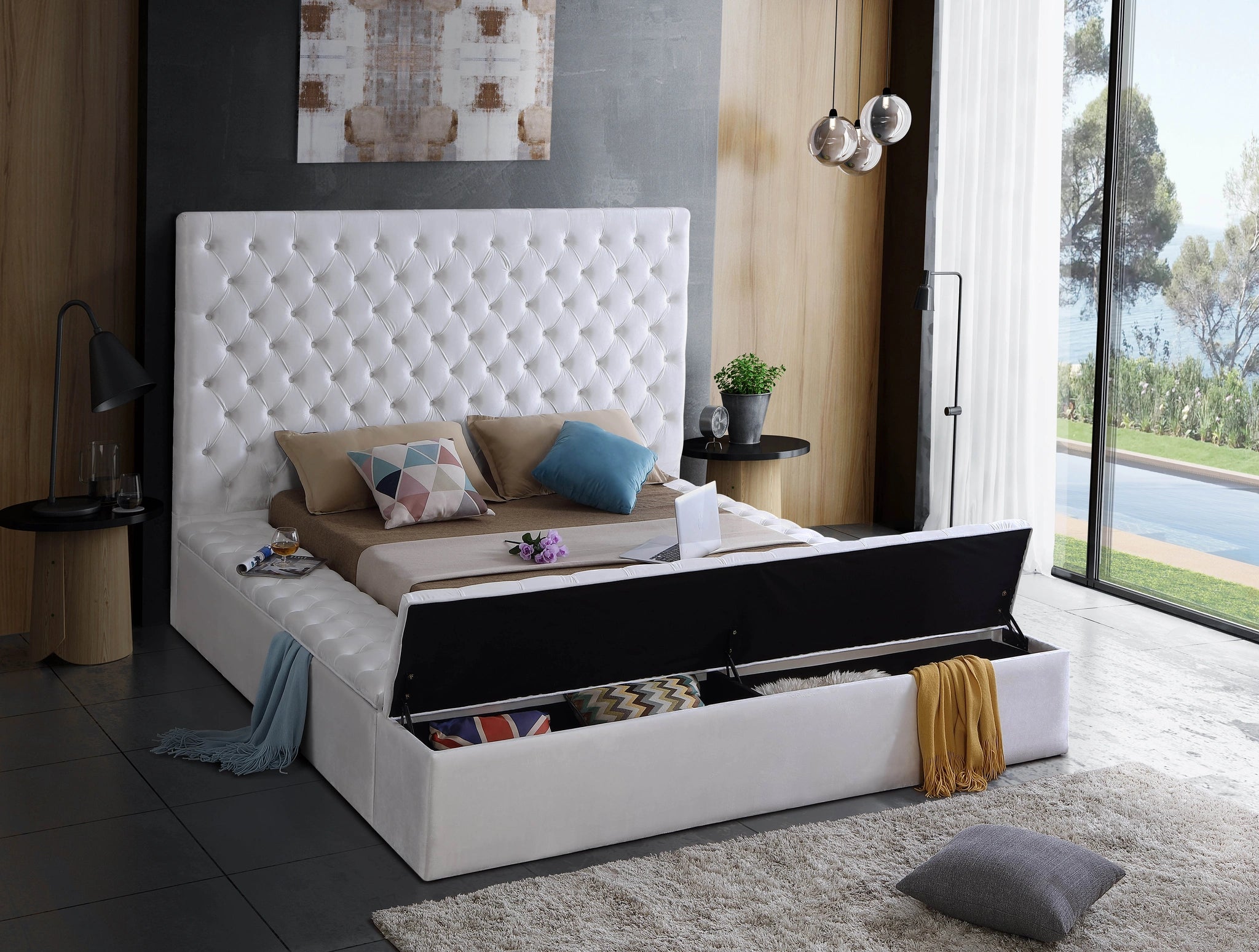 Bliss White Velvet King Bed (3 Boxes)