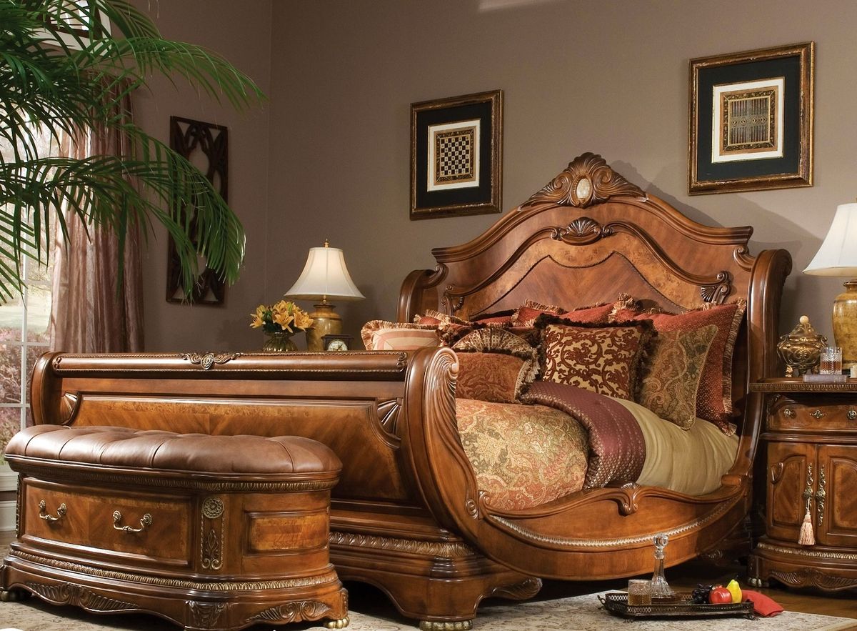 AICO Cortina King Sleigh Bed in Honey Walnut - Luxury Home Furniture (MI)