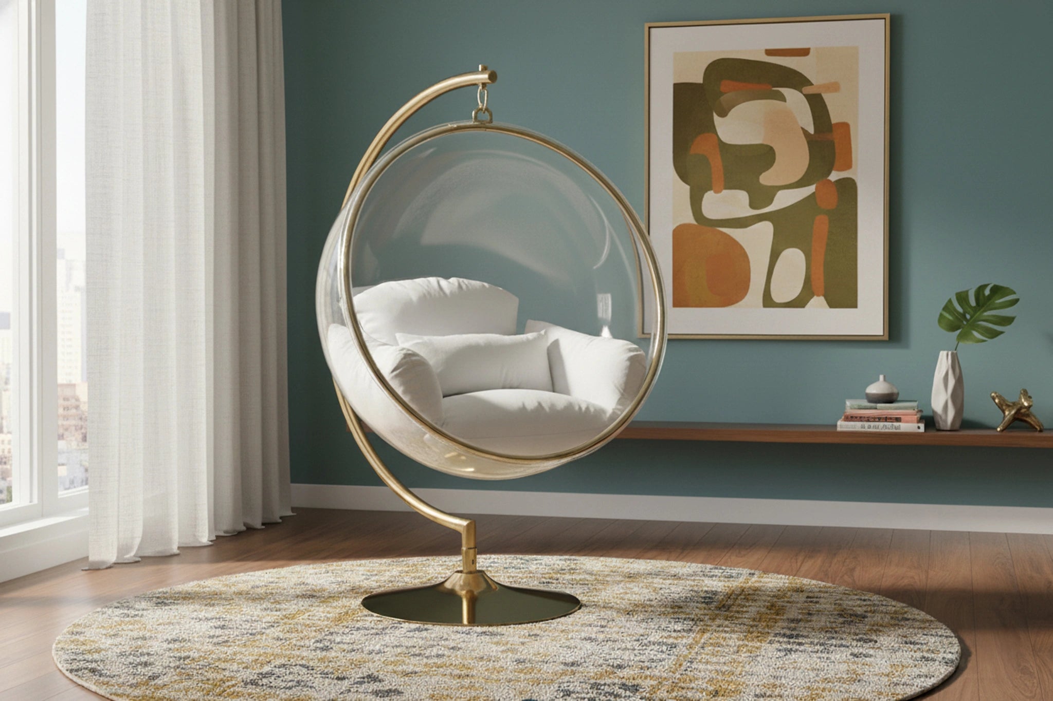 Luna White Fabric Acrylic Swing Bubble Accent Chair (2 Boxes)