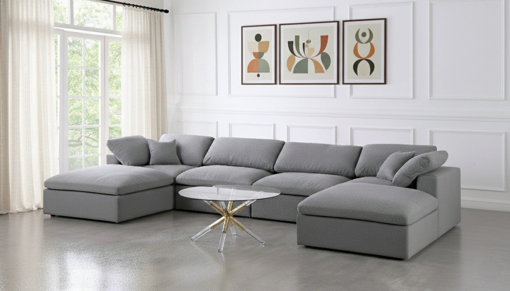 Serene Grey Linen Fabric Deluxe Cloud Modular Sectional