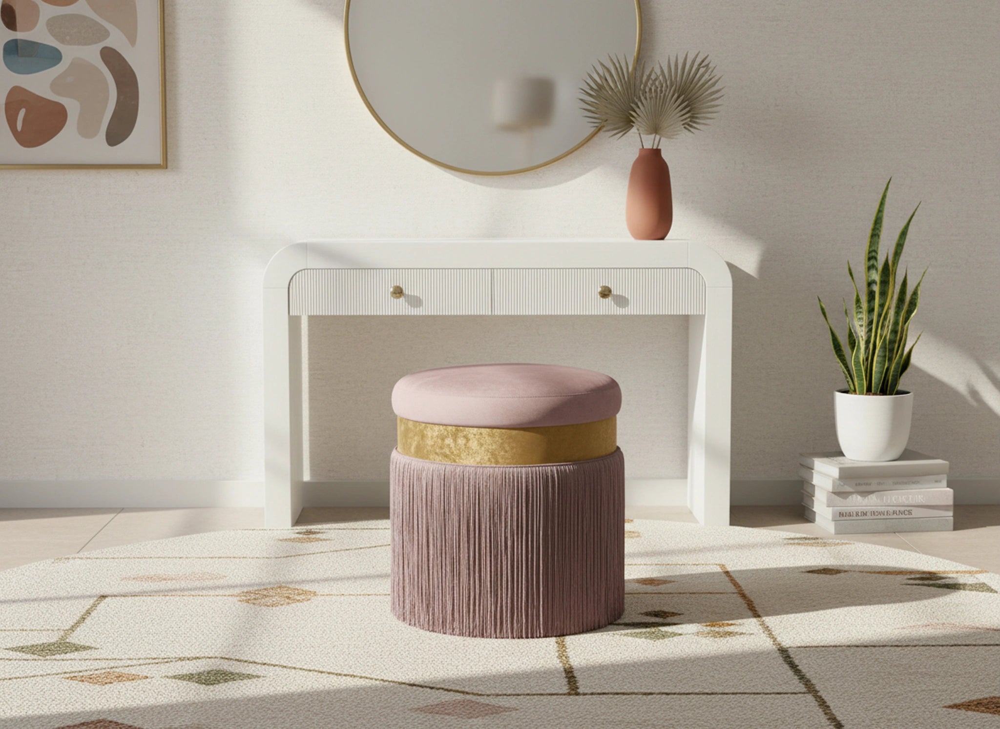 Yasmine Pink Velvet Ottoman/Stool