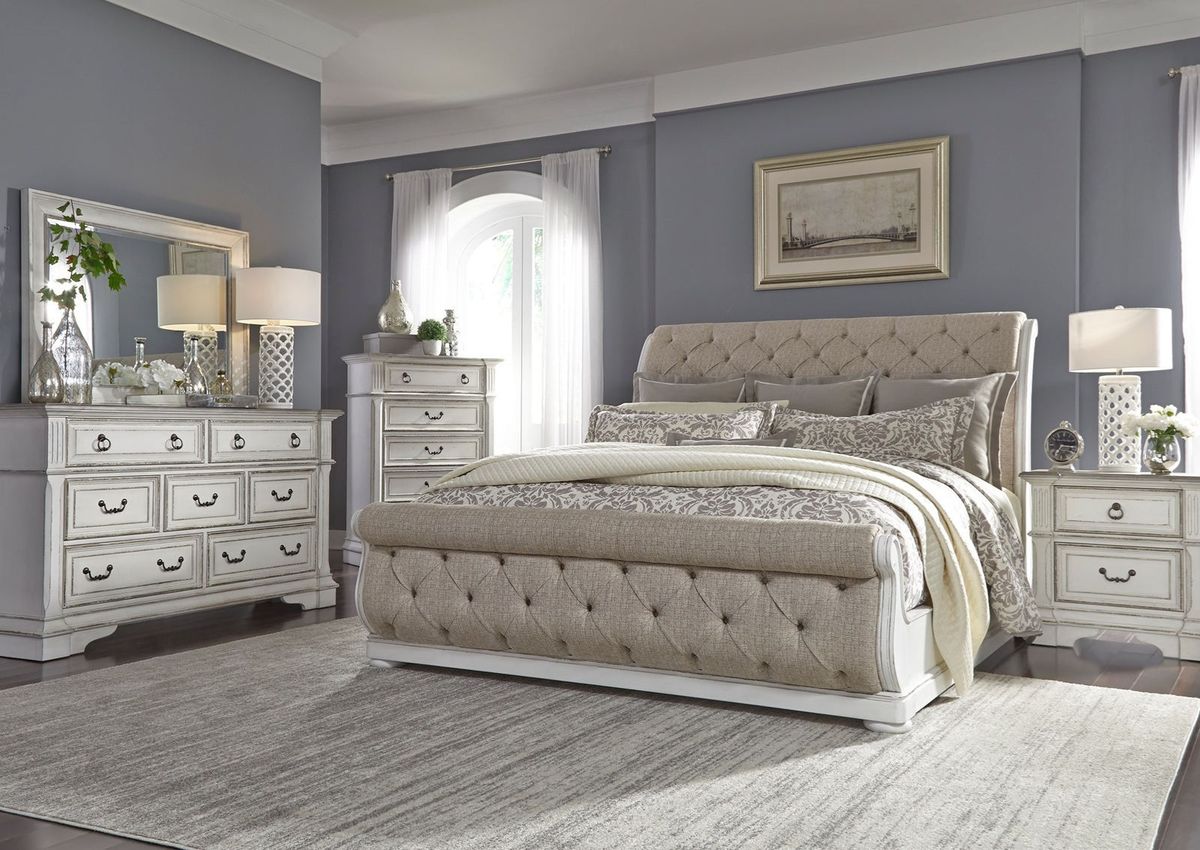 Liberty Furniture Abbey Park Upholstered California King Sleigh Bed in Antique White EST SHIP TIME APPX 4 WEEKS - Luxury Home Furniture (MI)