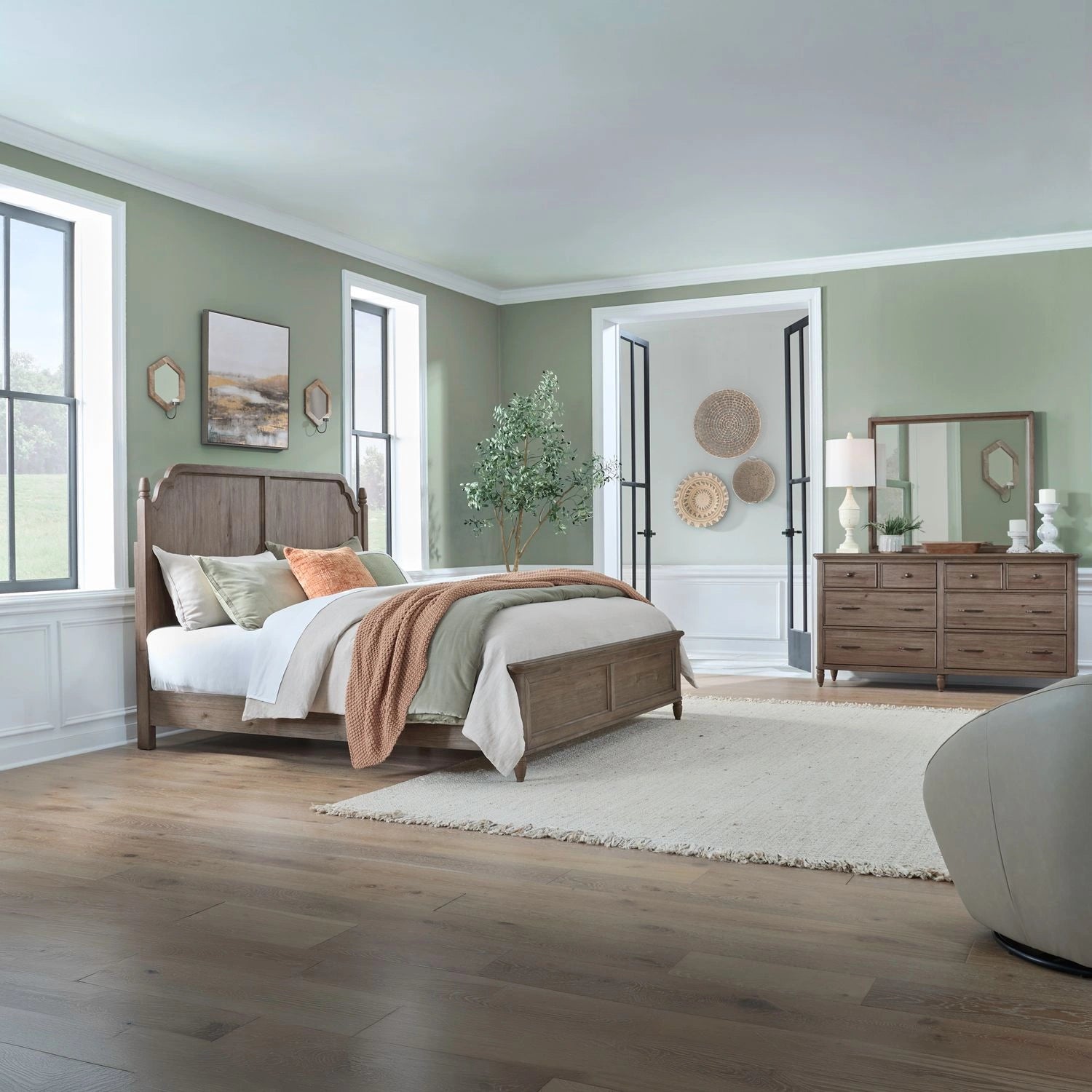 Hickory Grove California Panel Bed, Dresser & Mirror image