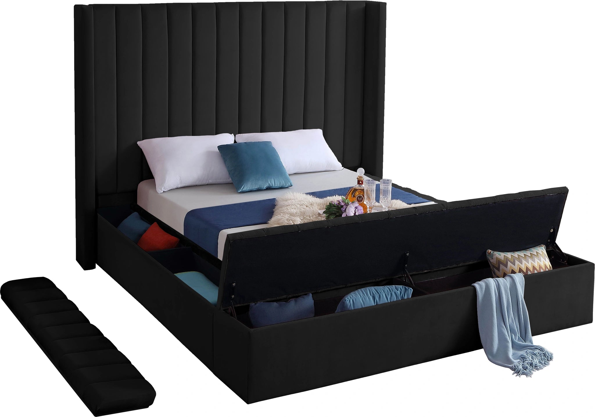 Kiki Black Velvet Queen Bed (3 Boxes)