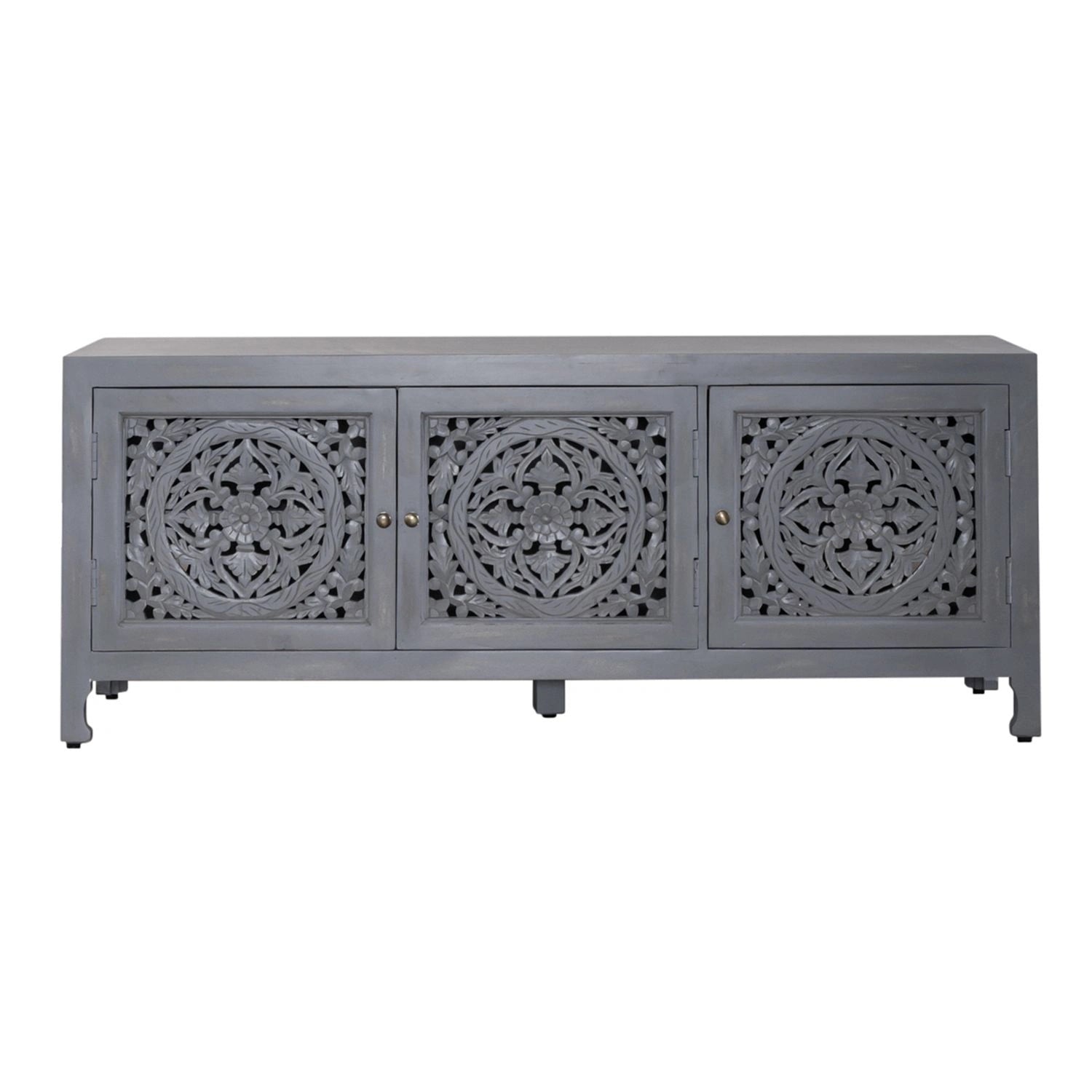 Marisol 65 Inch 3 Door Accent TV Stand in Weathered Honey and Soft Wash Gray image