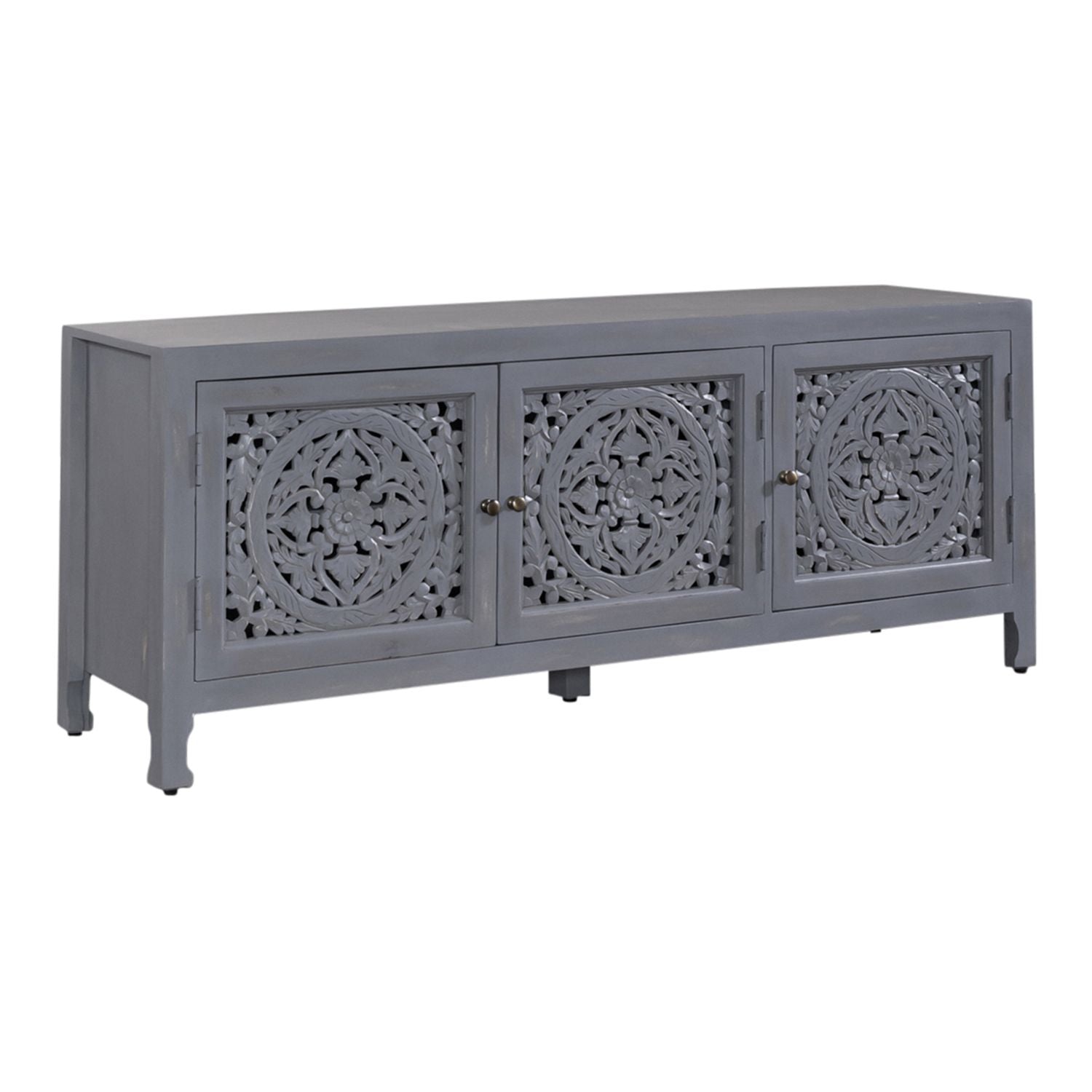 Marisol 65 Inch 3 Door Accent TV Stand in Weathered Honey and Soft Wash Gray