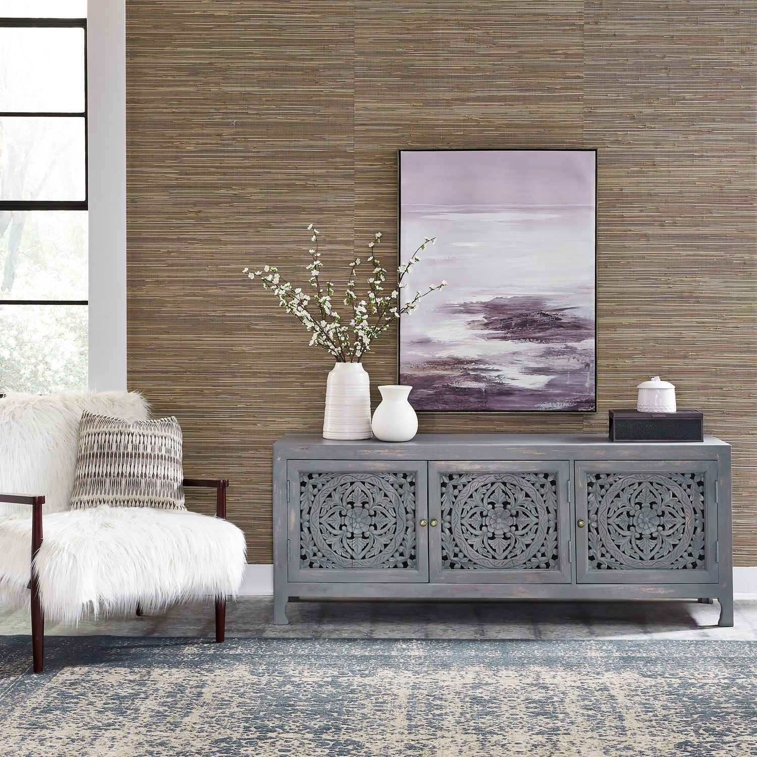 Marisol 65 Inch 3 Door Accent TV Stand in Weathered Honey and Soft Wash Gray image