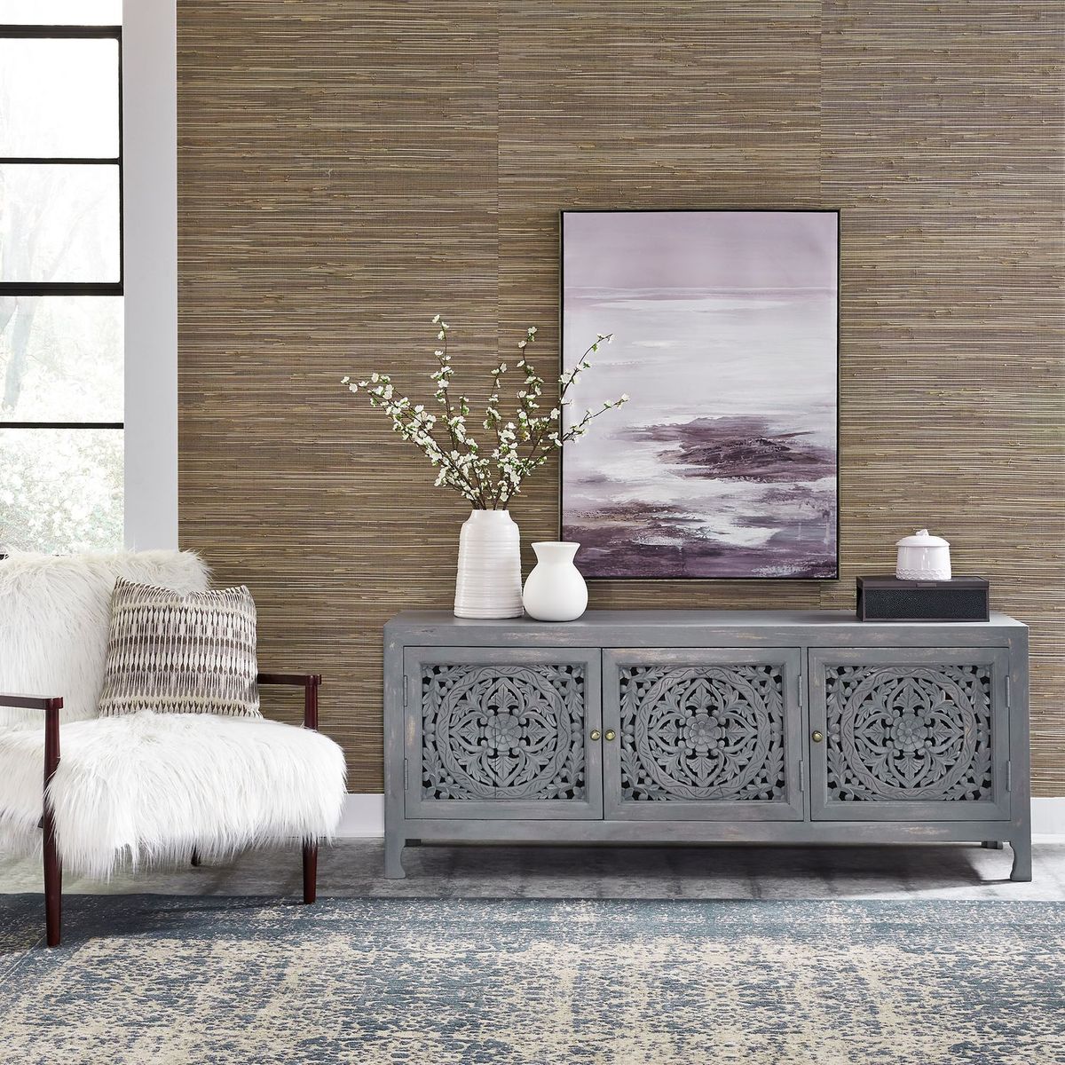 Liberty Furniture Marisol 65 Inch 3 Door Accent TV Stand in Weathered Honey and Soft Wash Gray
