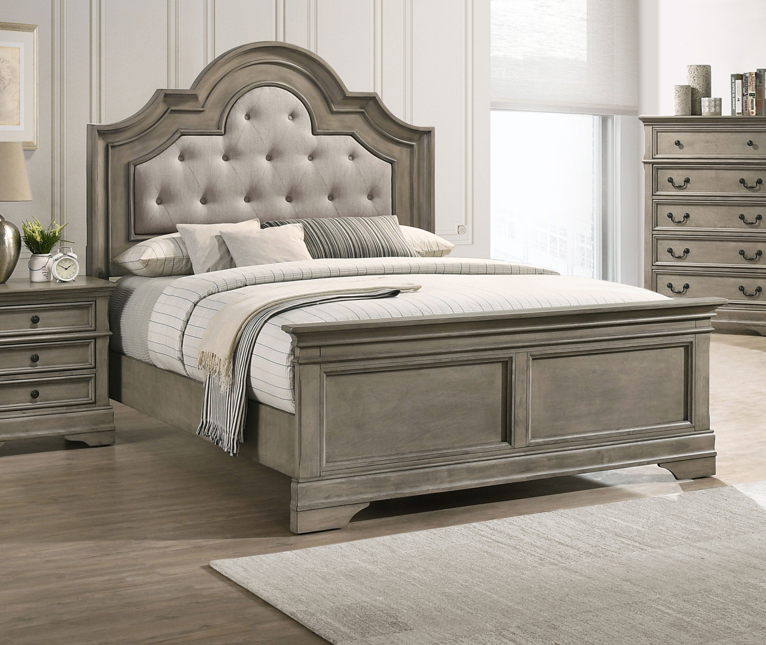 Manchester Bed with Upholstered Arched Headboard Beige and Wheat - Luxury Home Furniture (MI)