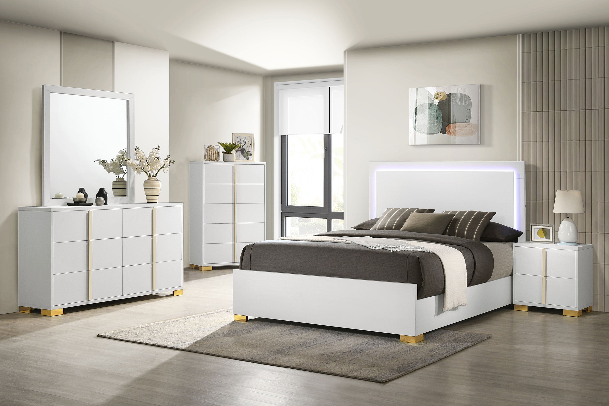 Marceline Bedroom Set with LED Headboard White - Luxury Home Furniture (MI)