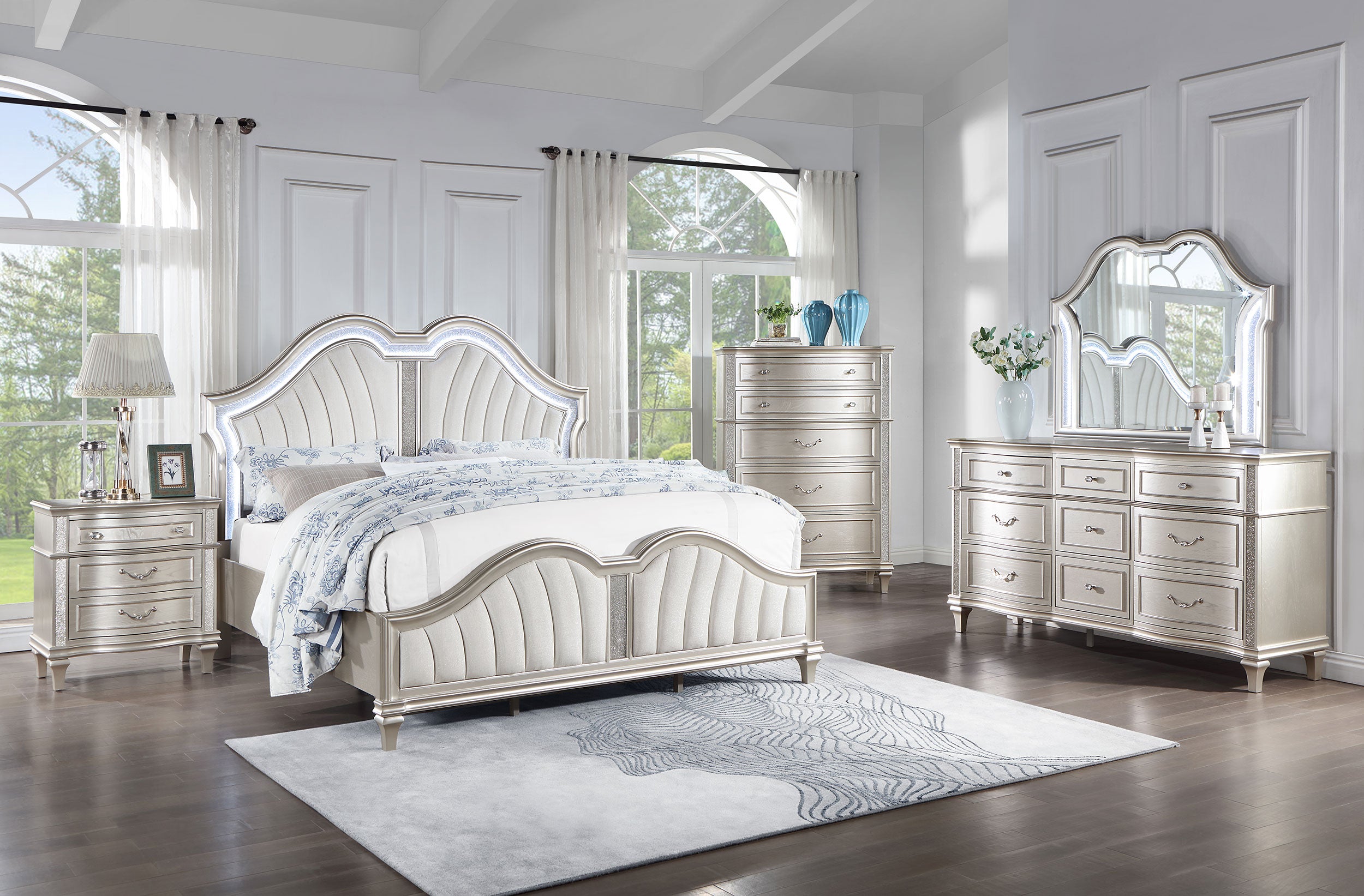 Evangeline Upholstered Platform Bedroom Set Ivory and Silver Oak - Luxury Home Furniture (MI)