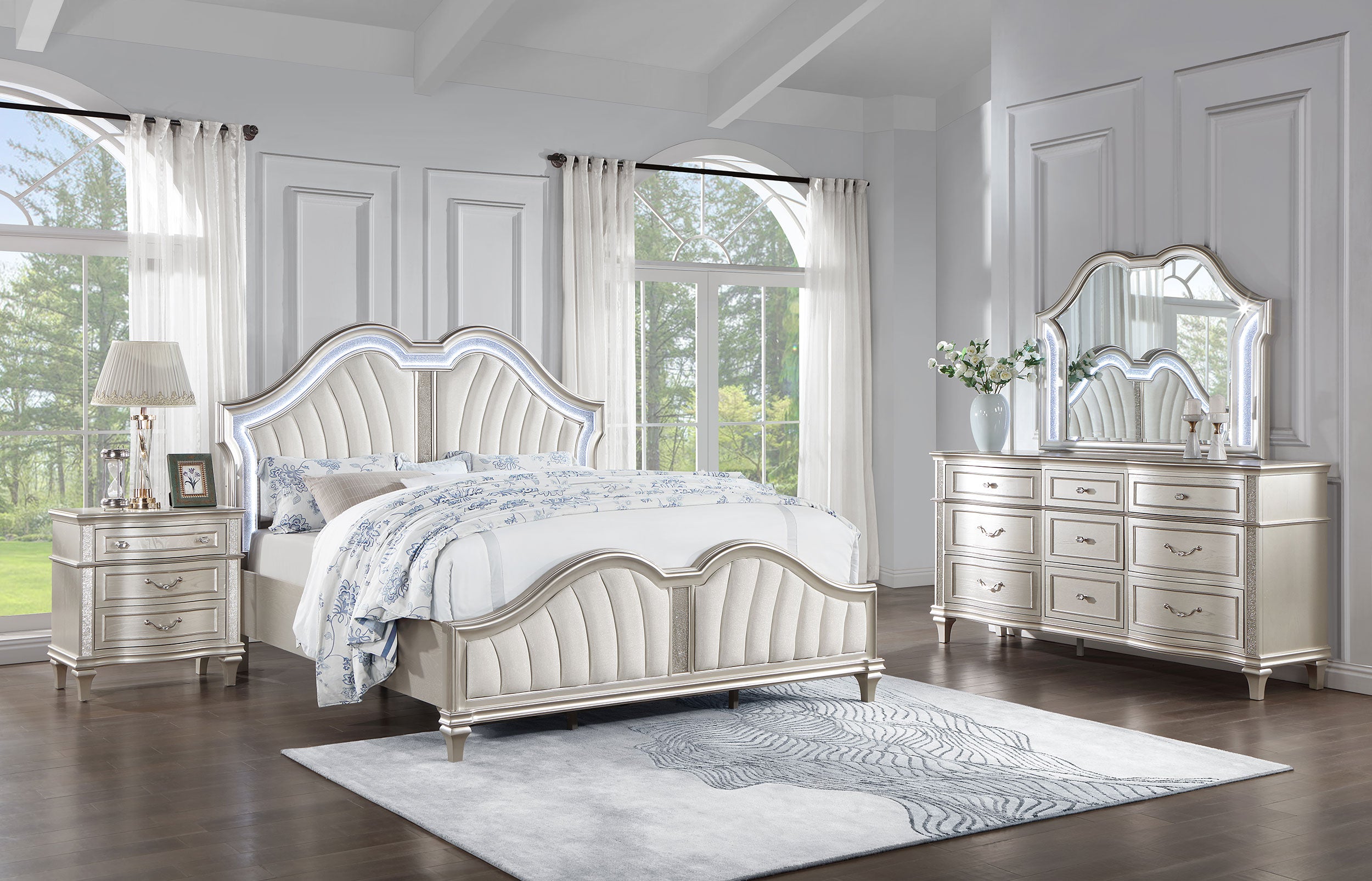 Evangeline Upholstered Platform Bedroom Set Ivory and Silver Oak - Luxury Home Furniture (MI)