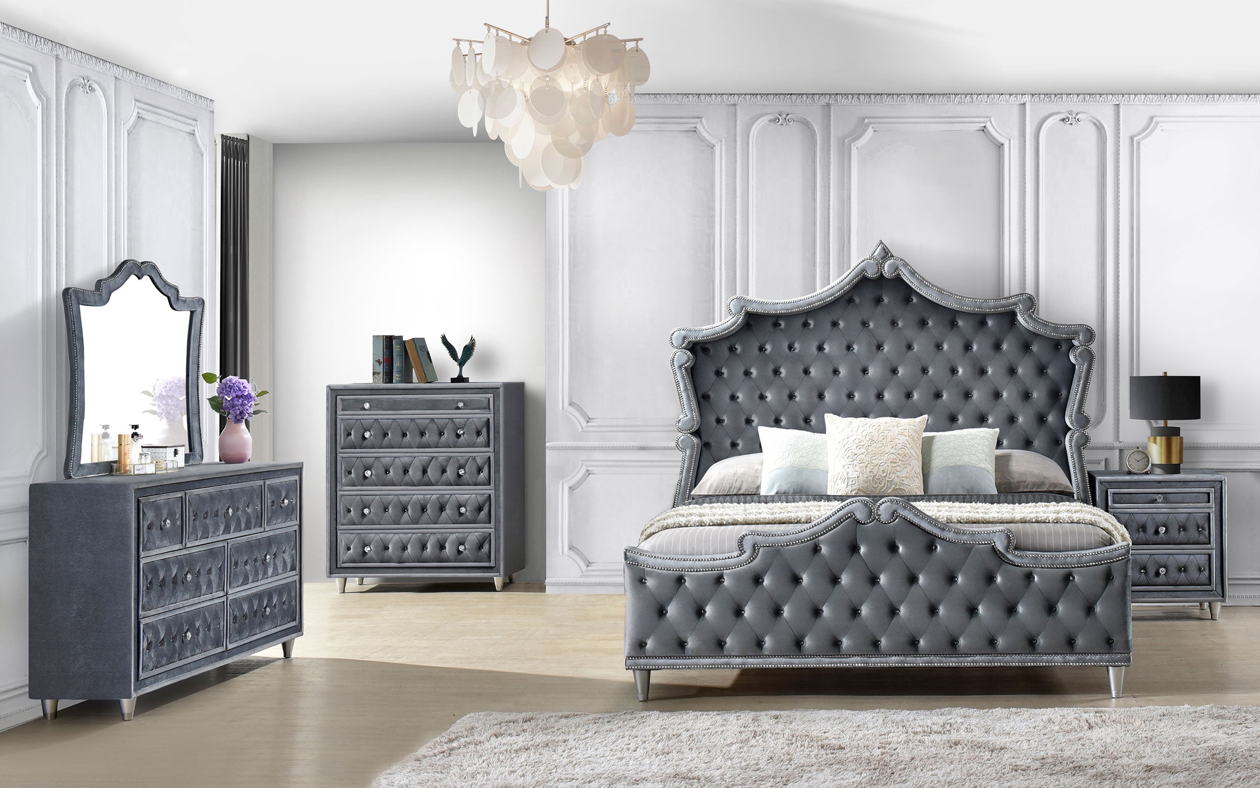 Antonella 4-Piece Queen Upholstered Tufted Bedroom Set Grey - Luxury Home Furniture (MI)
