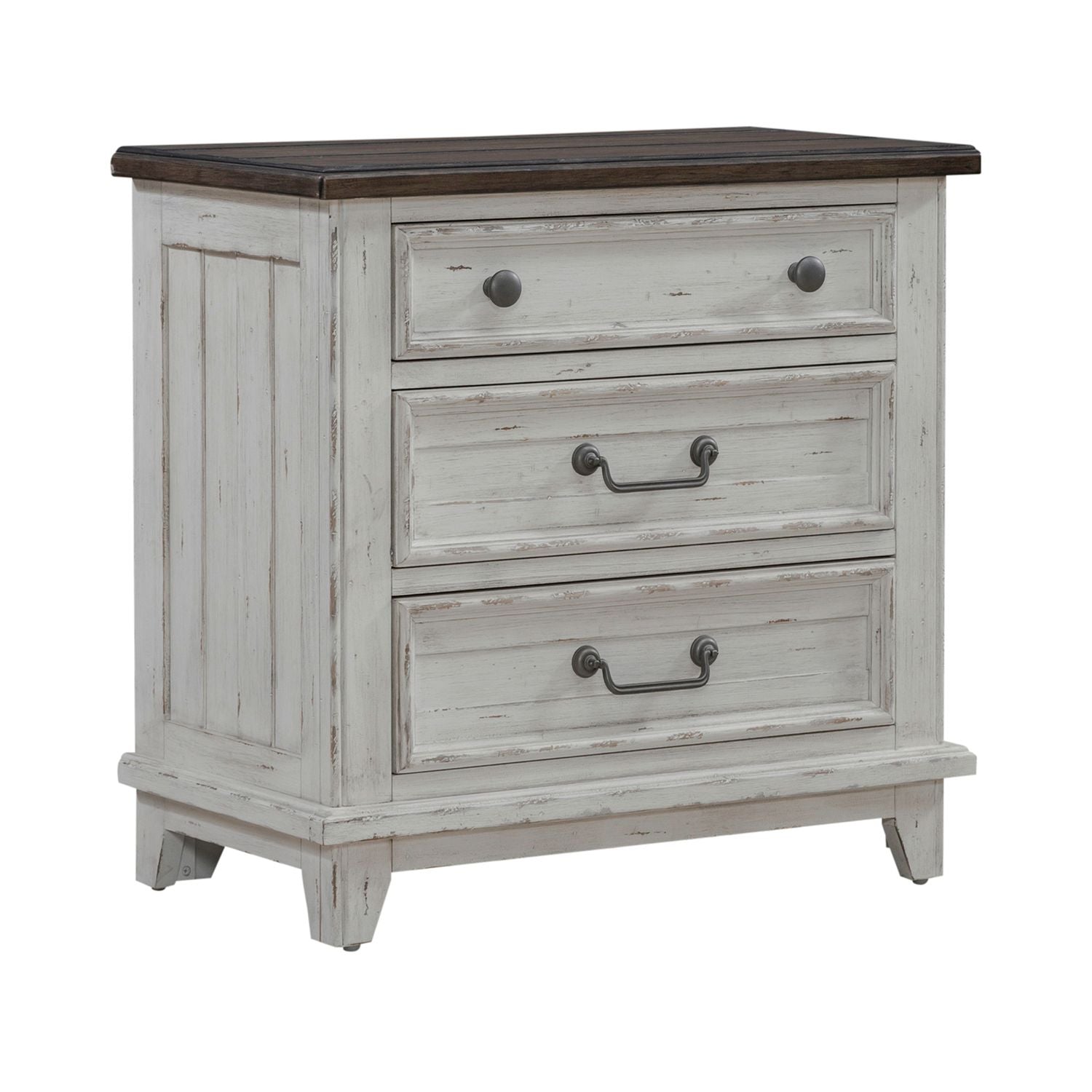 River Place 3 Drawer Nightstand with Charging Station in Riverstone White and Tobacco