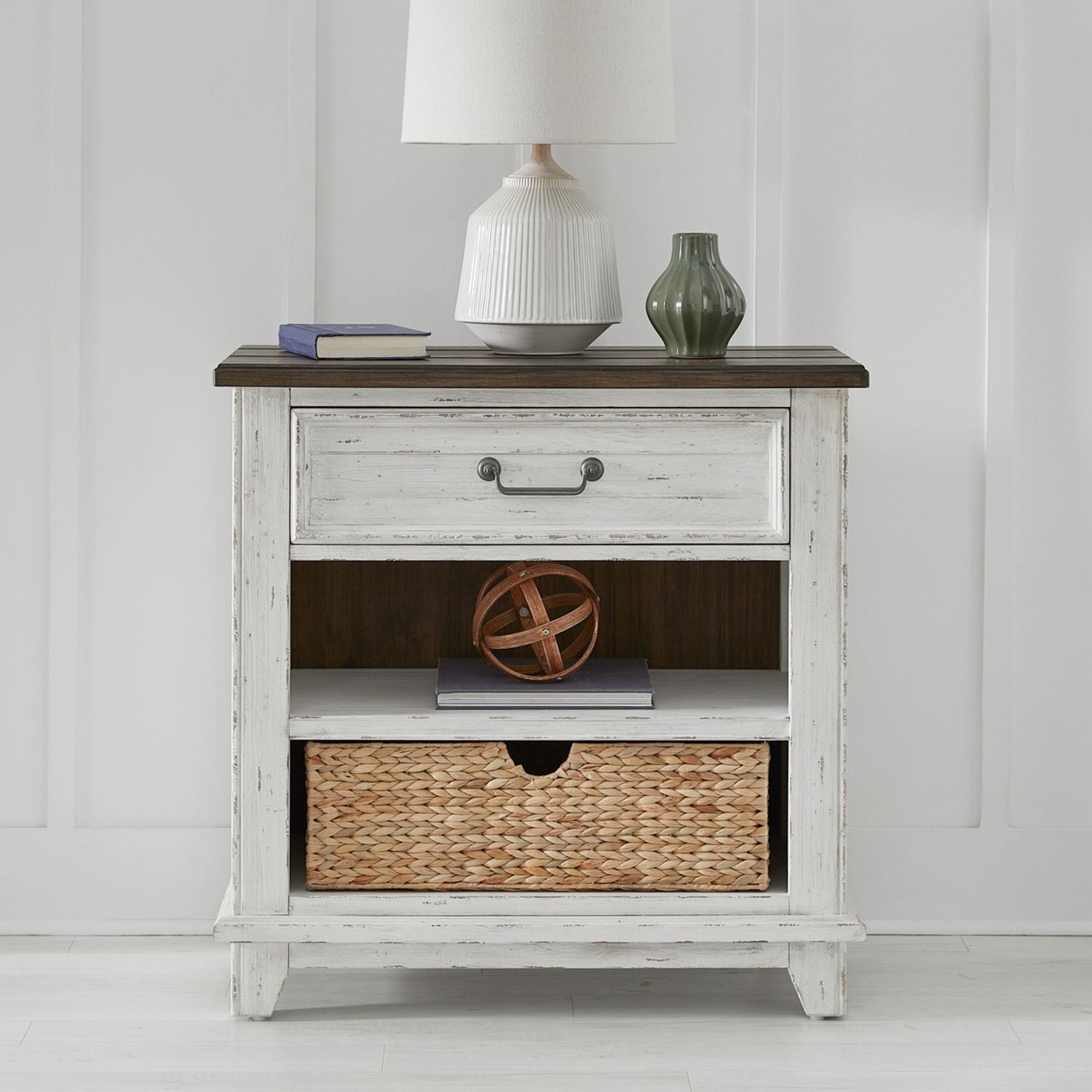 River Place Bedside Chest with Charging Station in Riverstone White and Tobacco image