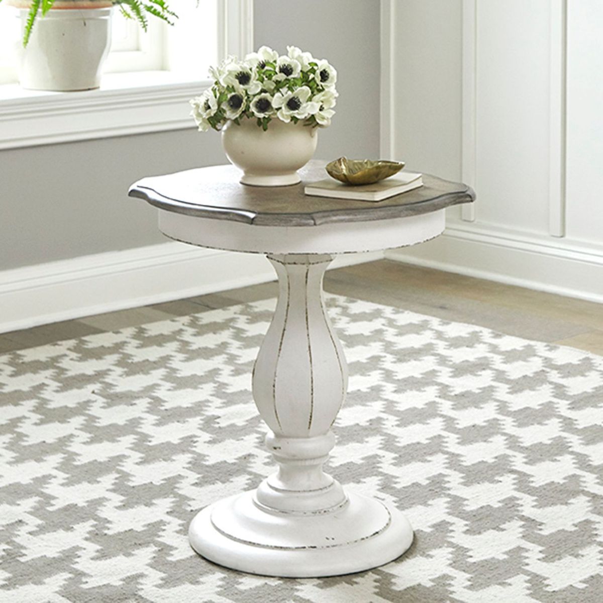 Liberty Furniture Magnolia Manor Round Accent Table in Antique White Base w/ Weathered Bark Tops - Luxury Home Furniture (MI)