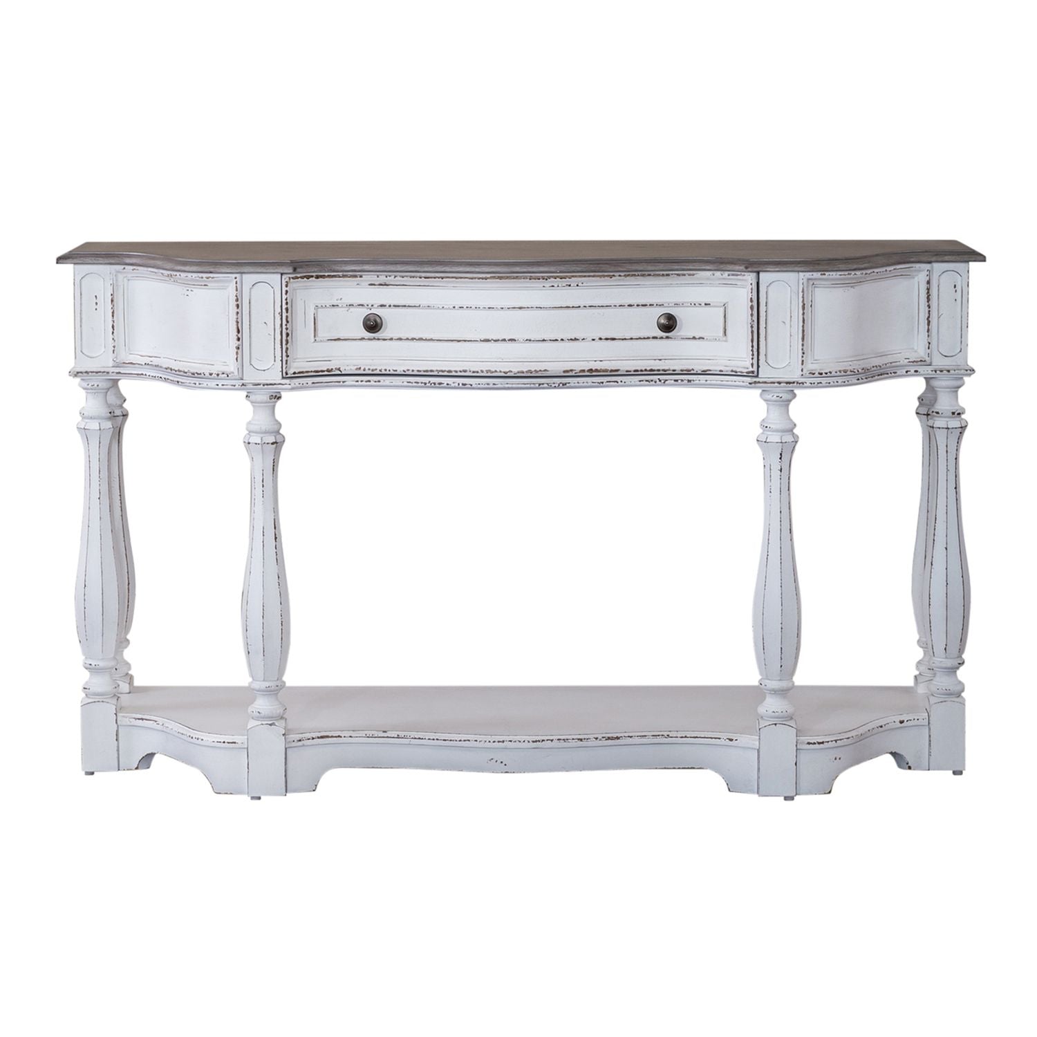Magnolia Manor 56 Inch Hall Console Table in Antique White Base w/ Weathered Bark Tops - Luxury Home Furniture (MI)