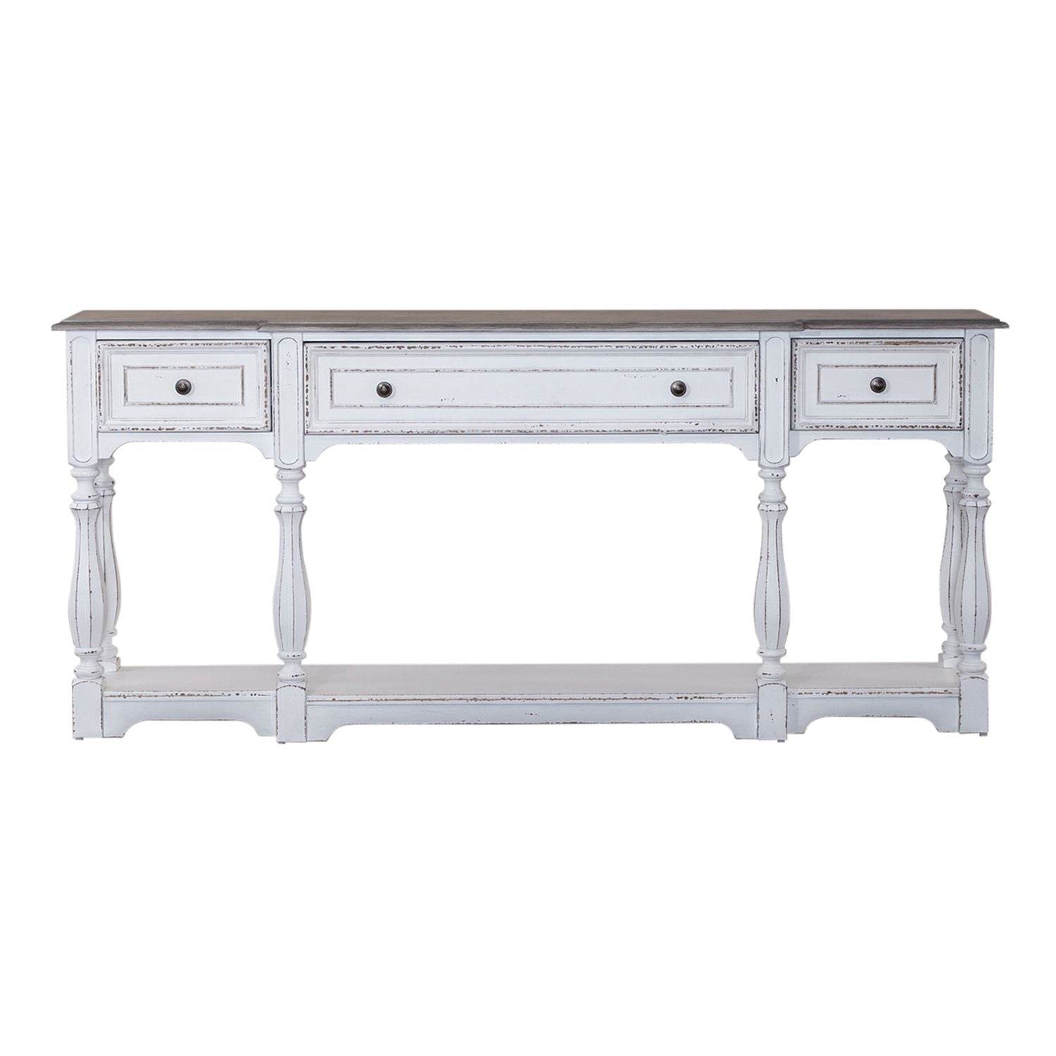 Magnolia Manor 72 Inch Hall Console Table in Antique White Base w/ Weathered Bark Tops - Luxury Home Furniture (MI)
