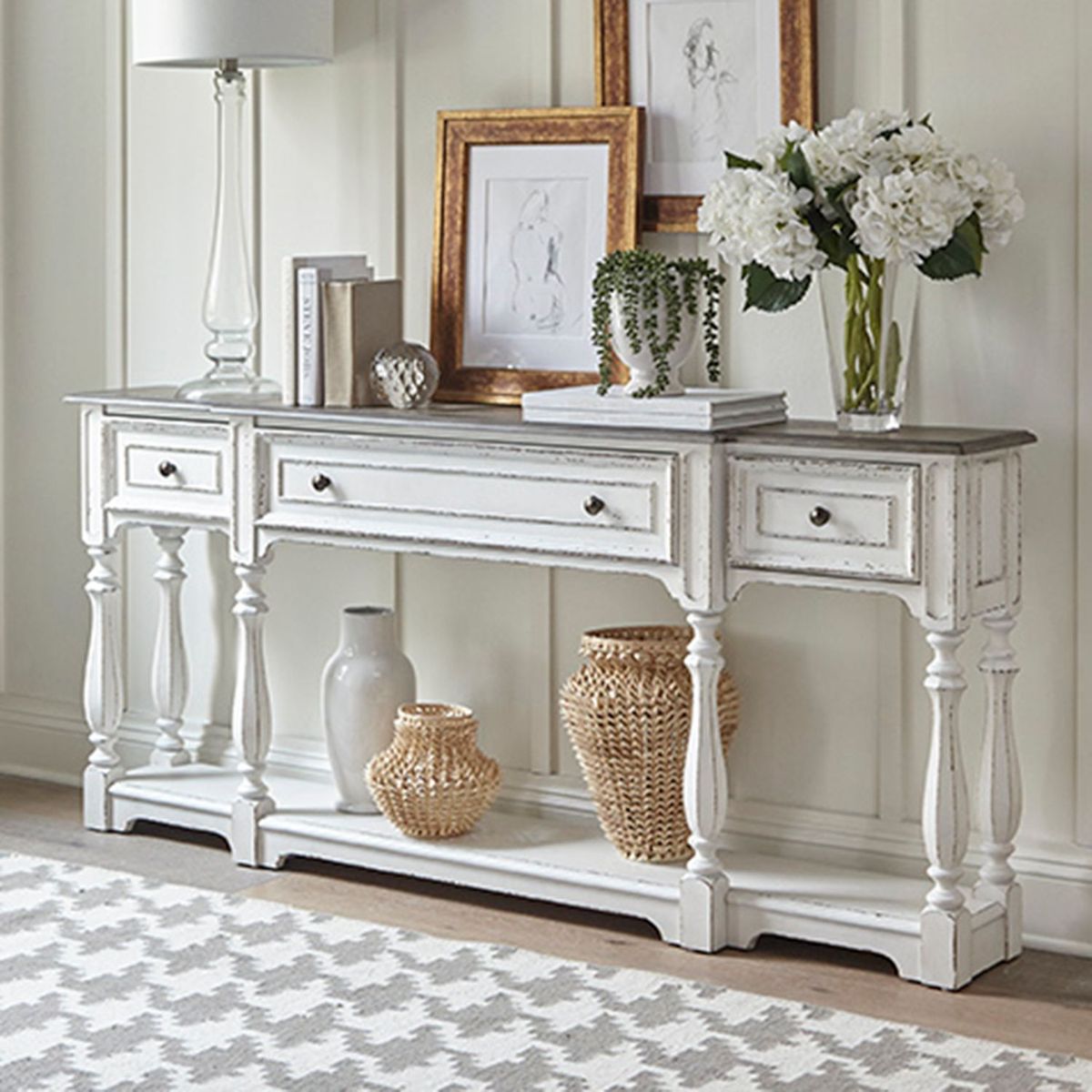 Liberty Furniture Magnolia Manor 72 Inch Hall Console Table in Antique White Base w/ Weathered Bark Tops - Luxury Home Furniture (MI)