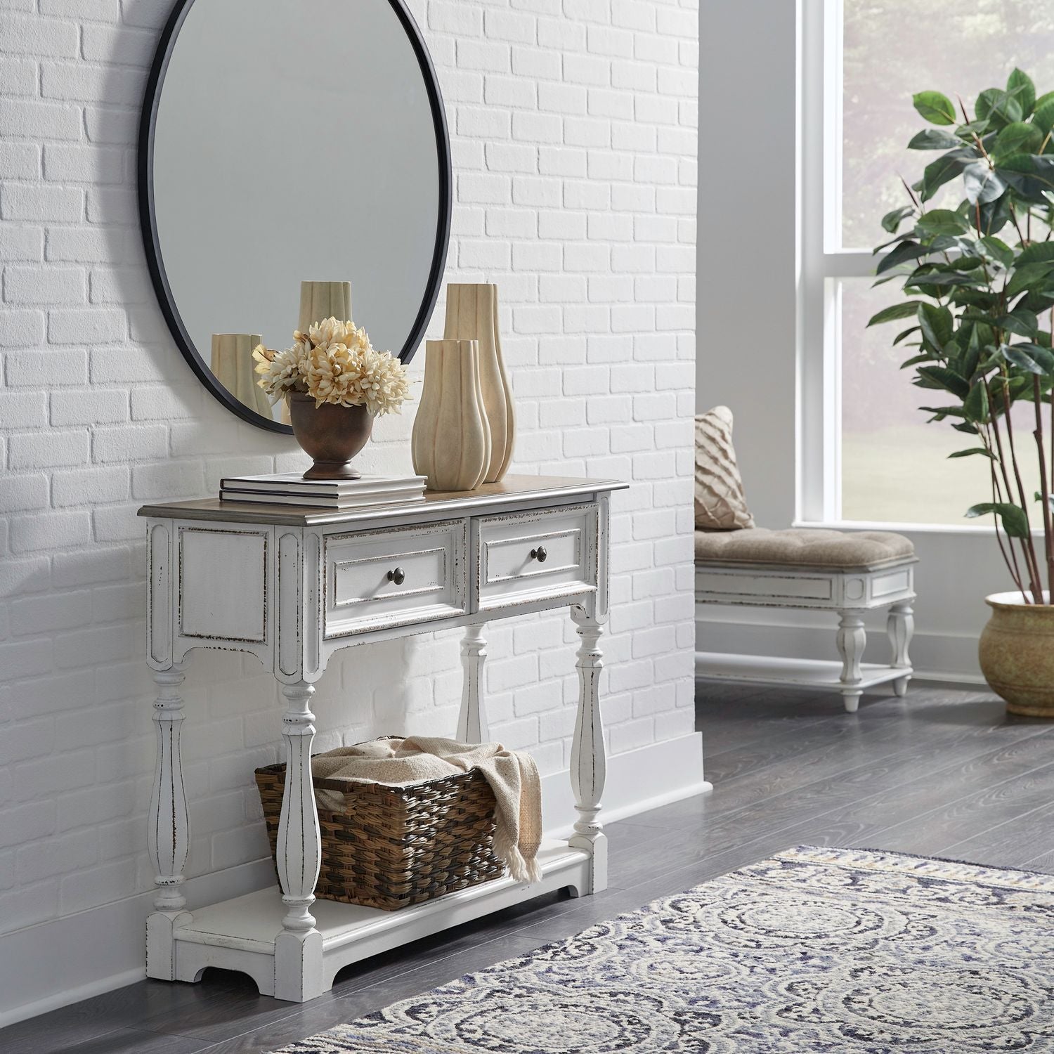 Magnolia Manor Hall Console in Antique White & Weathered Bark EST SHIP TIME APPX 4 WEEKS image