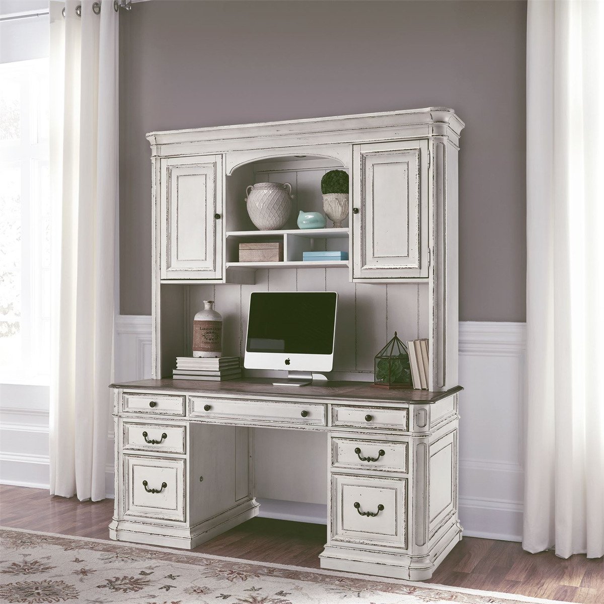 Liberty Magnolia Manor Credenza with Hutch in Antique White 244-HOJ-CHS - Luxury Home Furniture (MI)