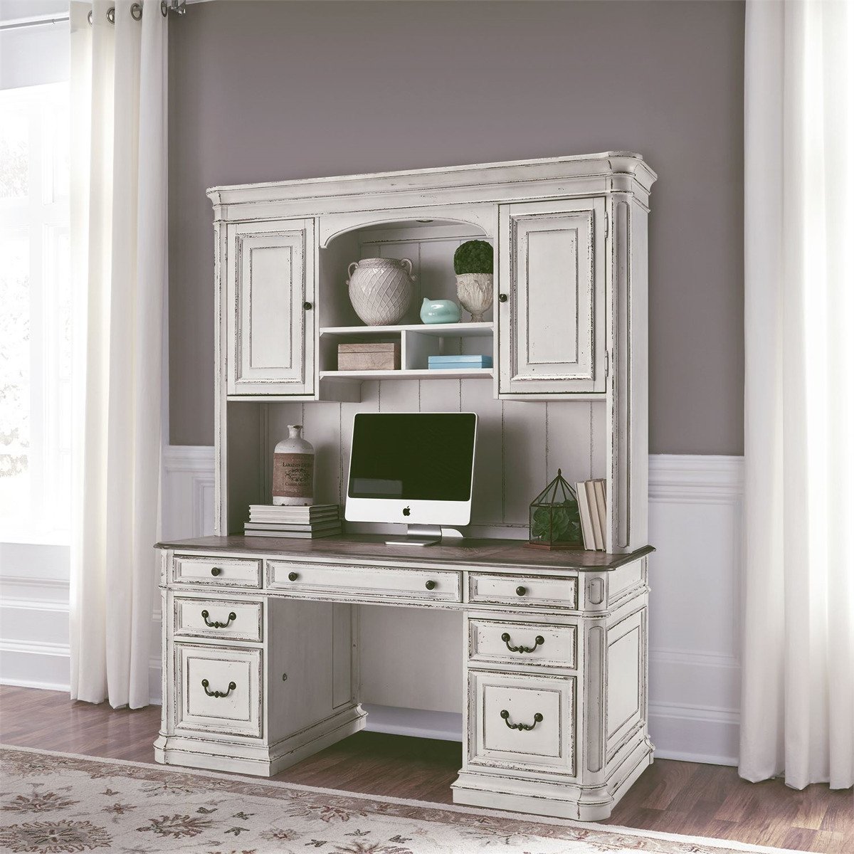 Liberty Magnolia Manor Credenza with Hutch in Antique White 244-HOJ-CHS - Luxury Home Furniture (MI)