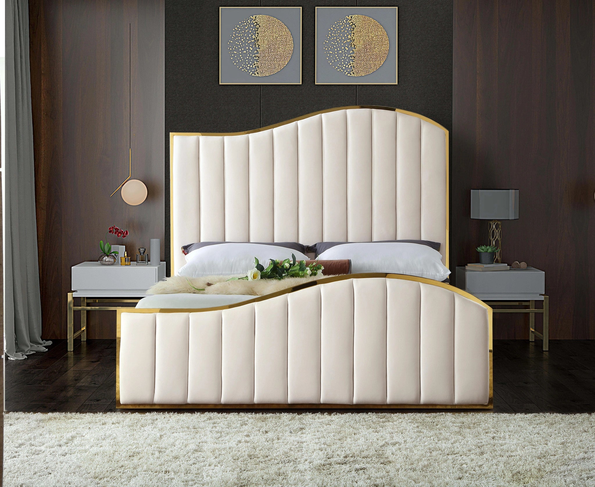 Jolie Cream Velvet Queen Bed (3 Boxes)