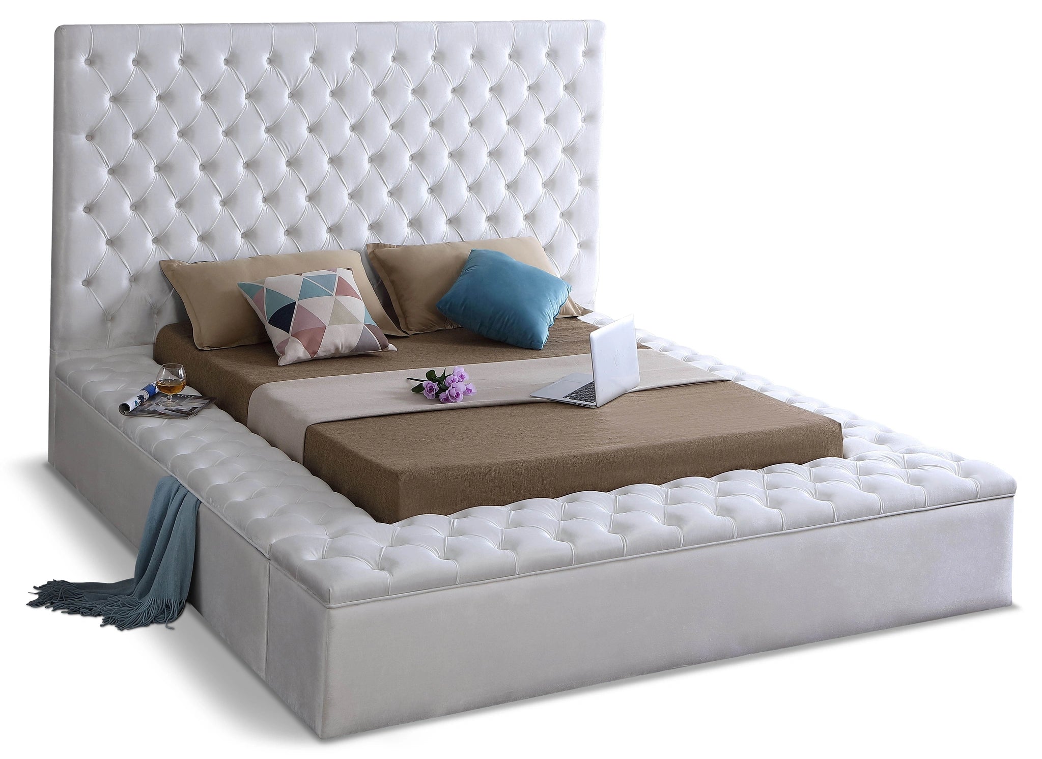 Bliss White Velvet Queen Bed (3 Boxes)