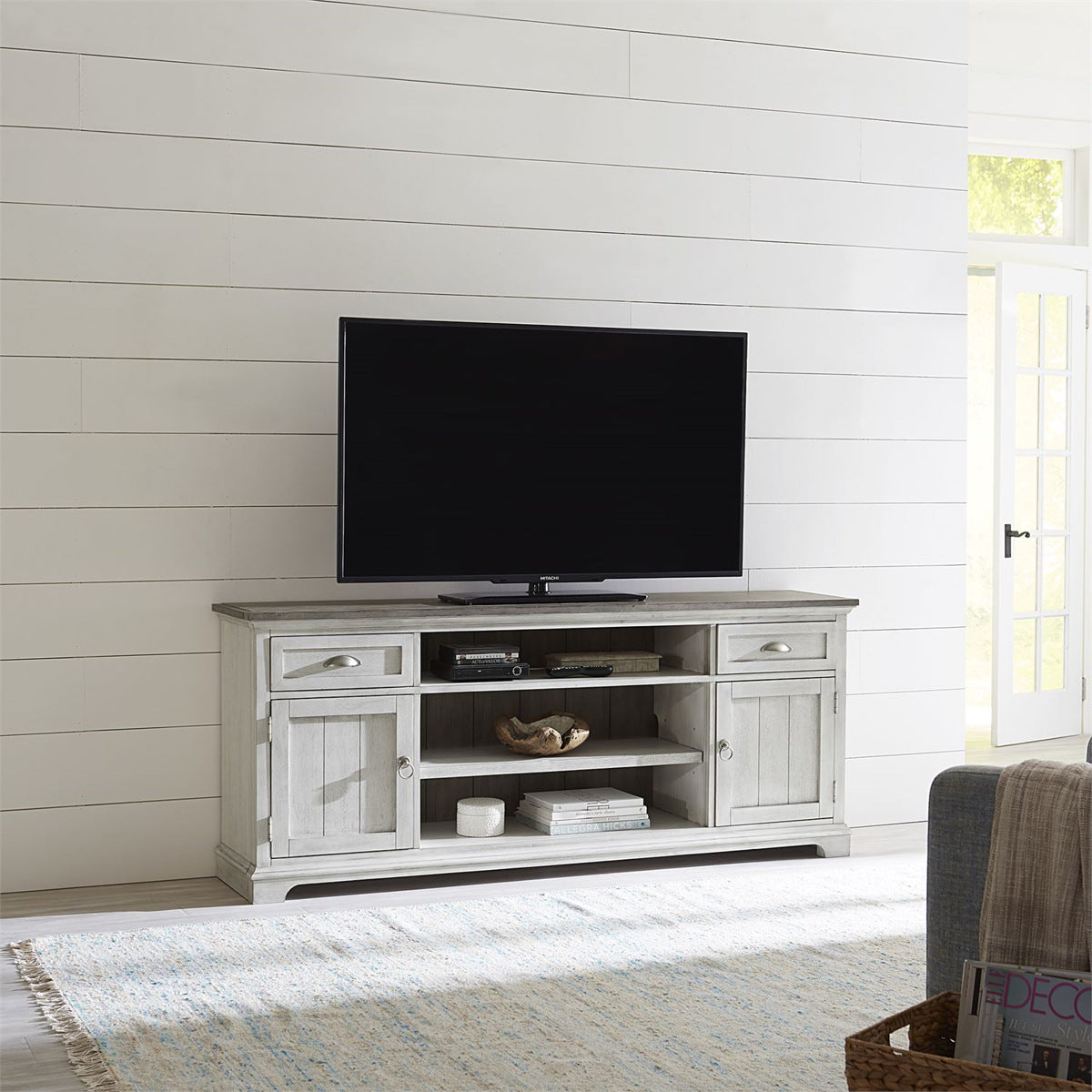 Liberty Furniture Ocean Isle Entertainment Center with Piers in Antique White with Weathered Pine 303W-ENTW-ECP - Luxury Home Furniture (MI)