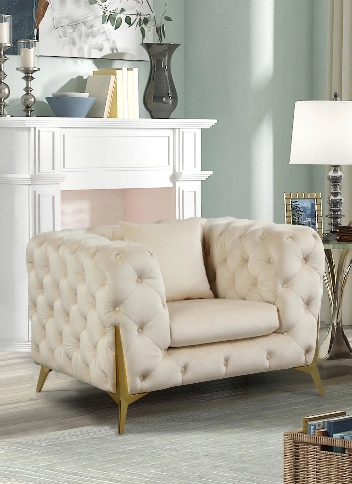 A luxury cream and gold tufted armchair in an elegant interior