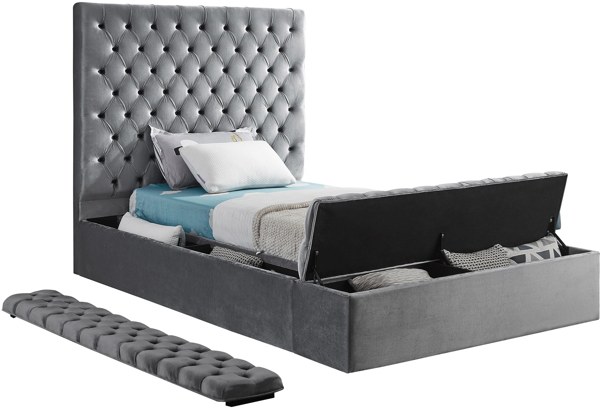Bliss Grey Velvet Twin Bed (3 Boxes)
