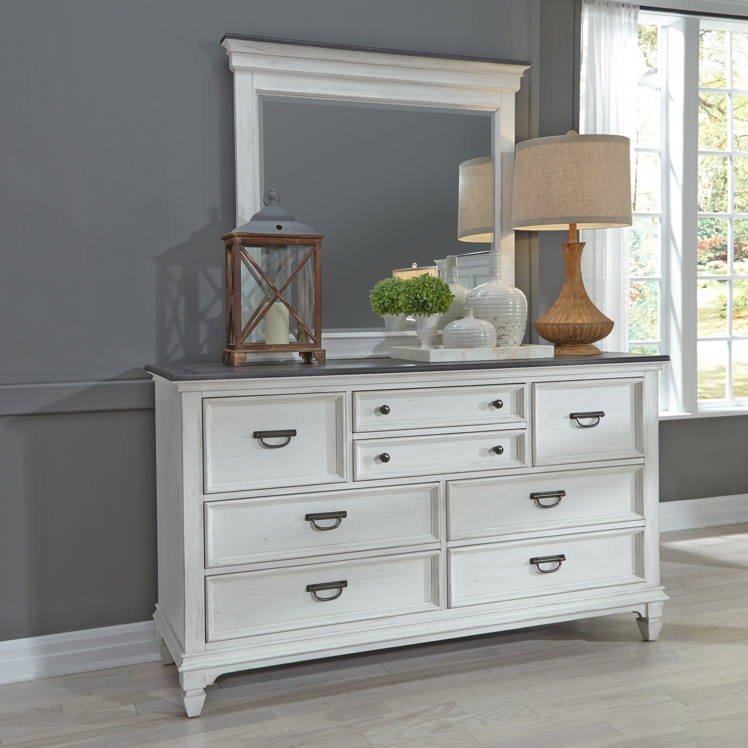 Allyson Park King Panel Bed, Dresser & Mirror, Chest