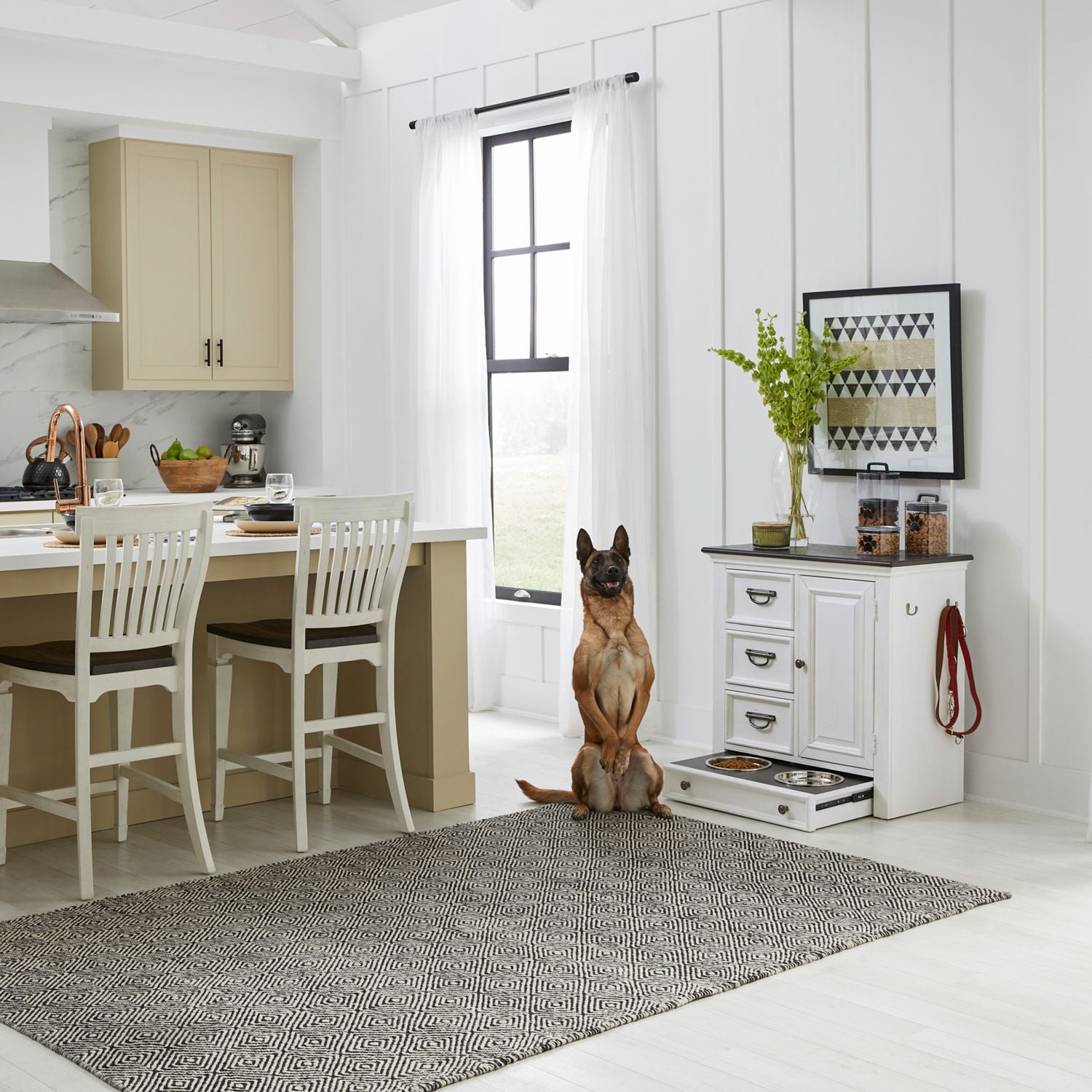 Allyson Park Pet Feeder in Wirebrushed White with Charcoal Top EST SHIP TIME APPX 4 WEEKS image