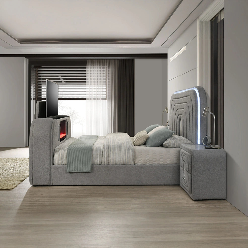 EK Bed w/Led, TV Stand, Fireplace & Bluetooth