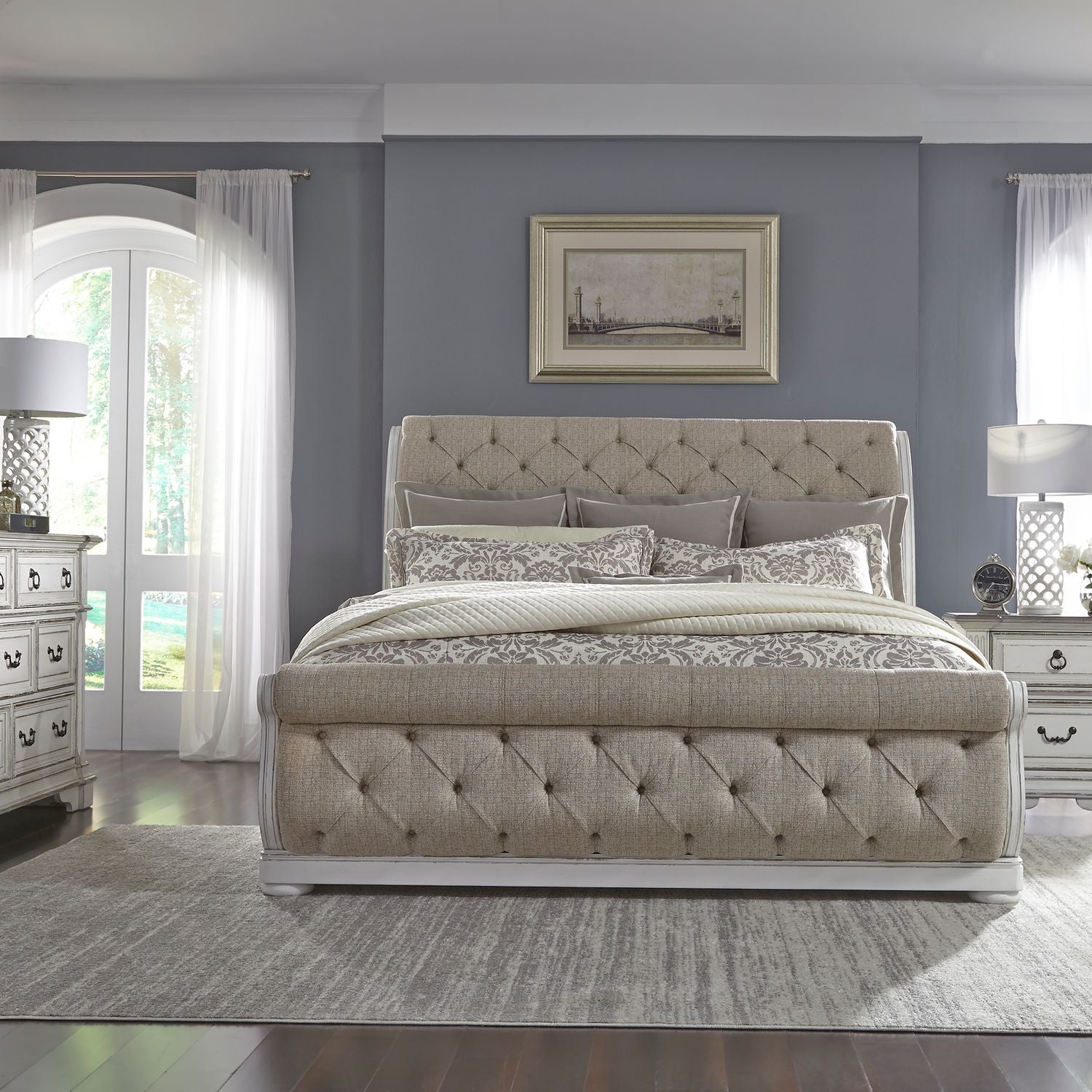 Abbey Park King Uph Sleigh Bed, Dresser & Mirror, Night Stand image