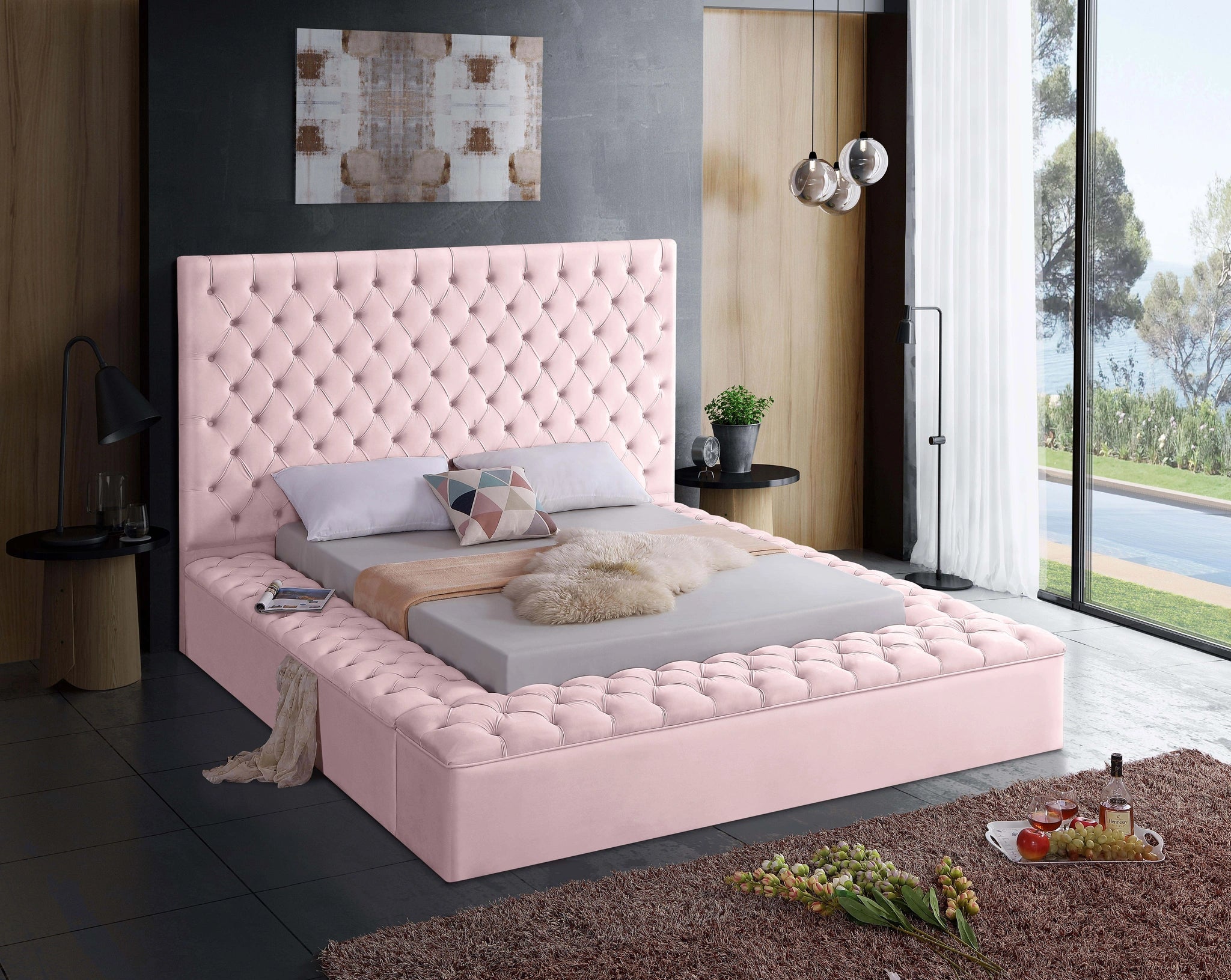 Bliss Pink Velvet King Bed (3 Boxes)