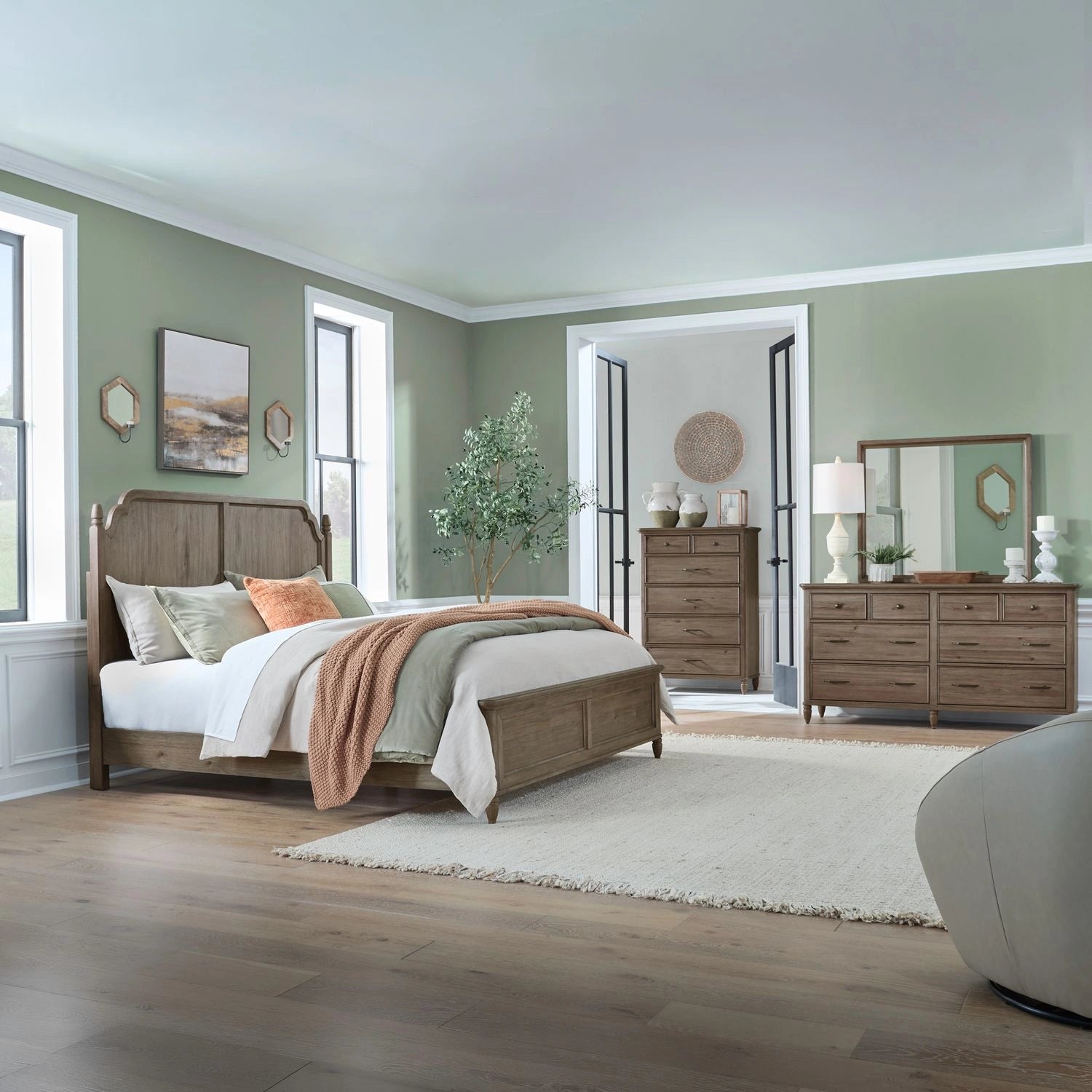 Hickory Grove California Panel Bed, Dresser & Mirror, Chest image