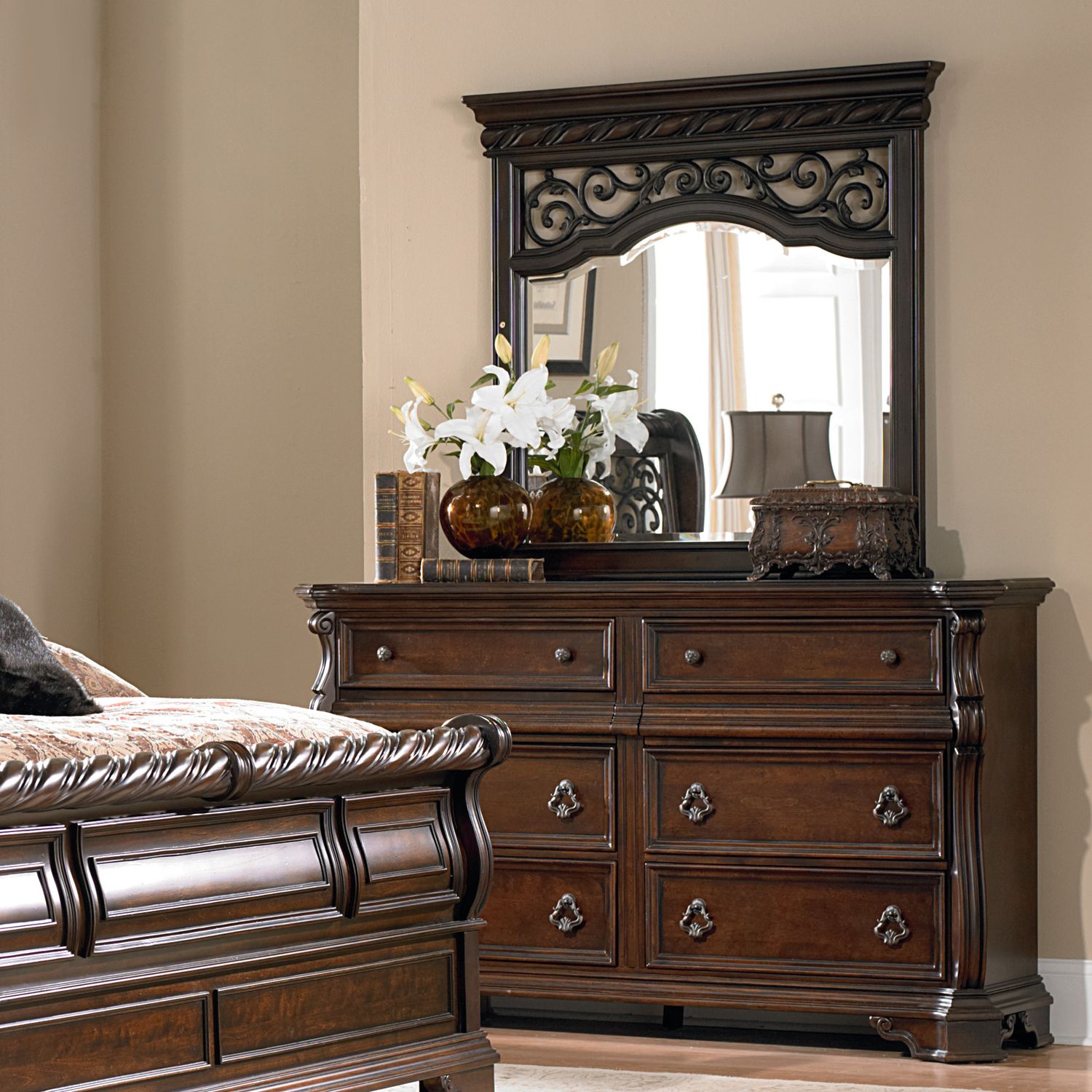 Arbor Place King California Sleigh Bed, Dresser & Mirror, Chest
