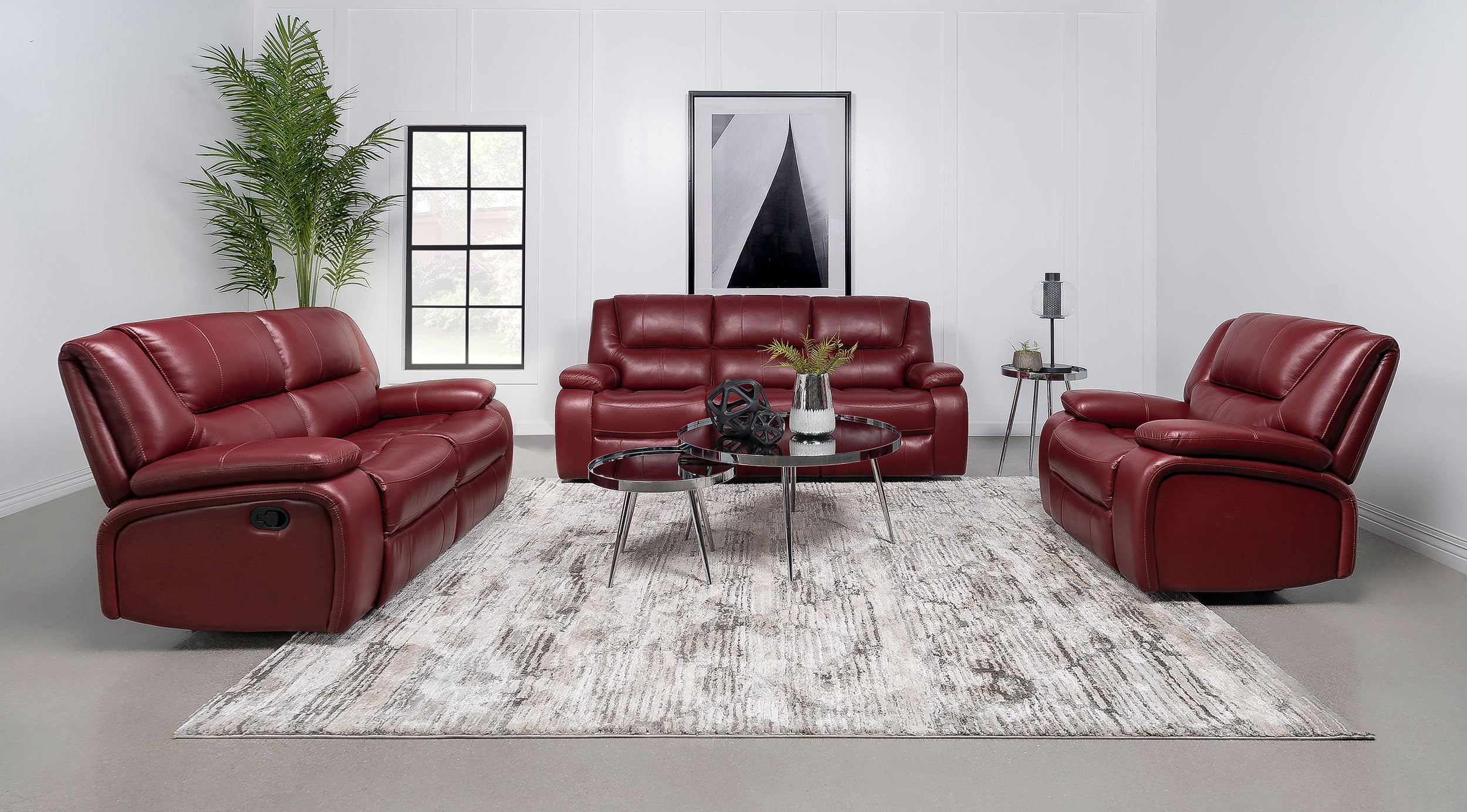 Camila Upholstered Reclining Sofa Set Red Faux Leather