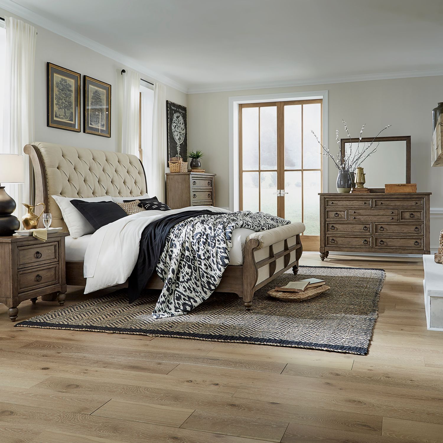 Americana Farmhouse Queen Sleigh Bed, Dresser & Mirror, Chest, N/S image