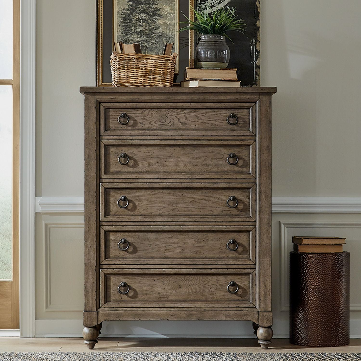 Liberty Furniture Americana Farmhouse 5 Drawer Chest in Dusty Taupe and Black image