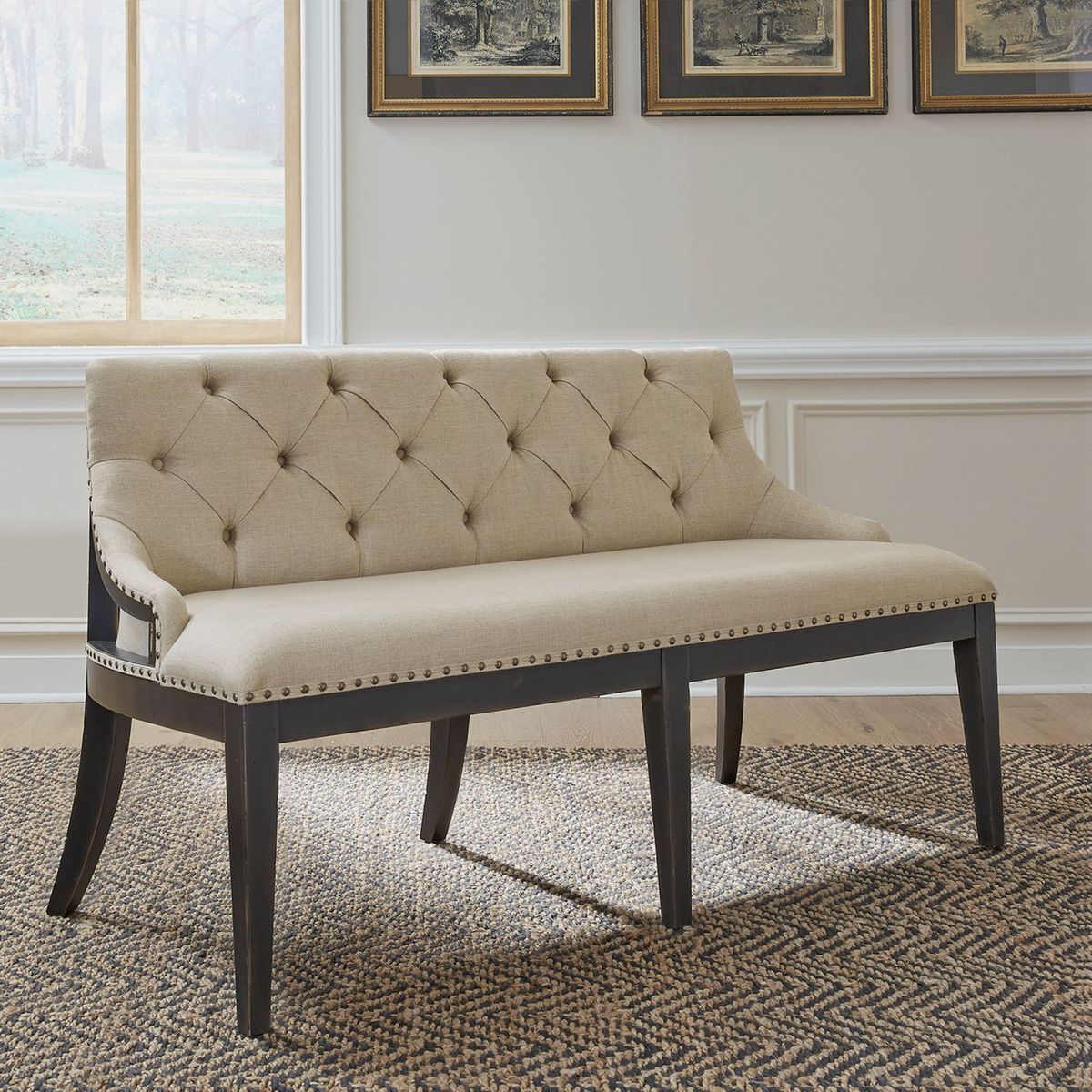 Liberty Furniture Americana Farmhouse Uph Shelter Dining Bench in Dusty Taupe & Black - Luxury Home Furniture (MI)