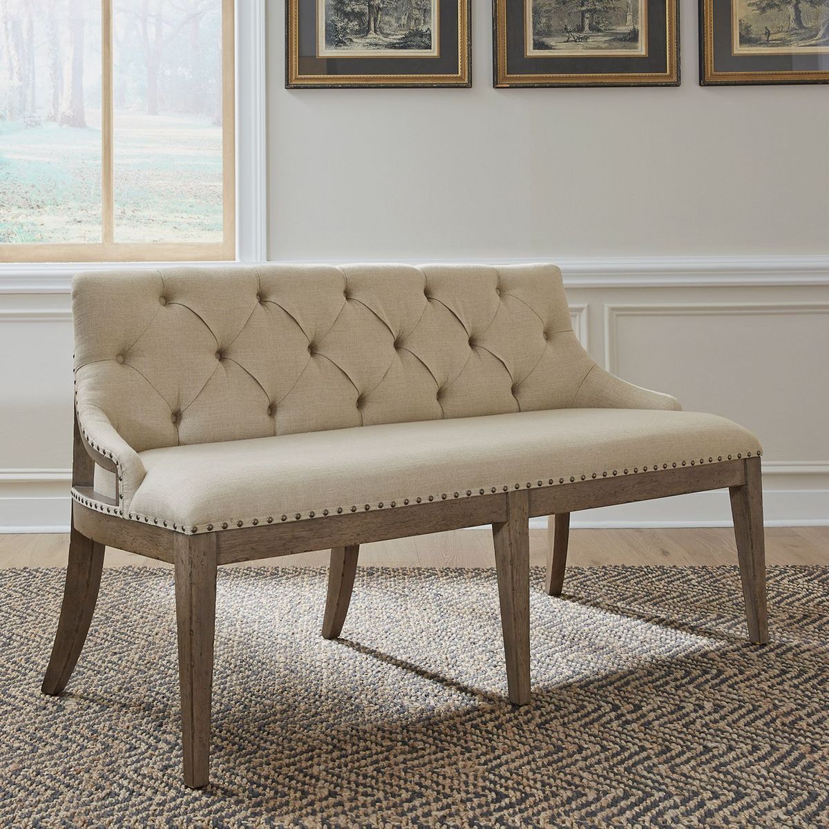 Liberty Furniture Americana Farmhouse Uph Shelter Dining Bench in Dusty Taupe & Black - Luxury Home Furniture (MI)