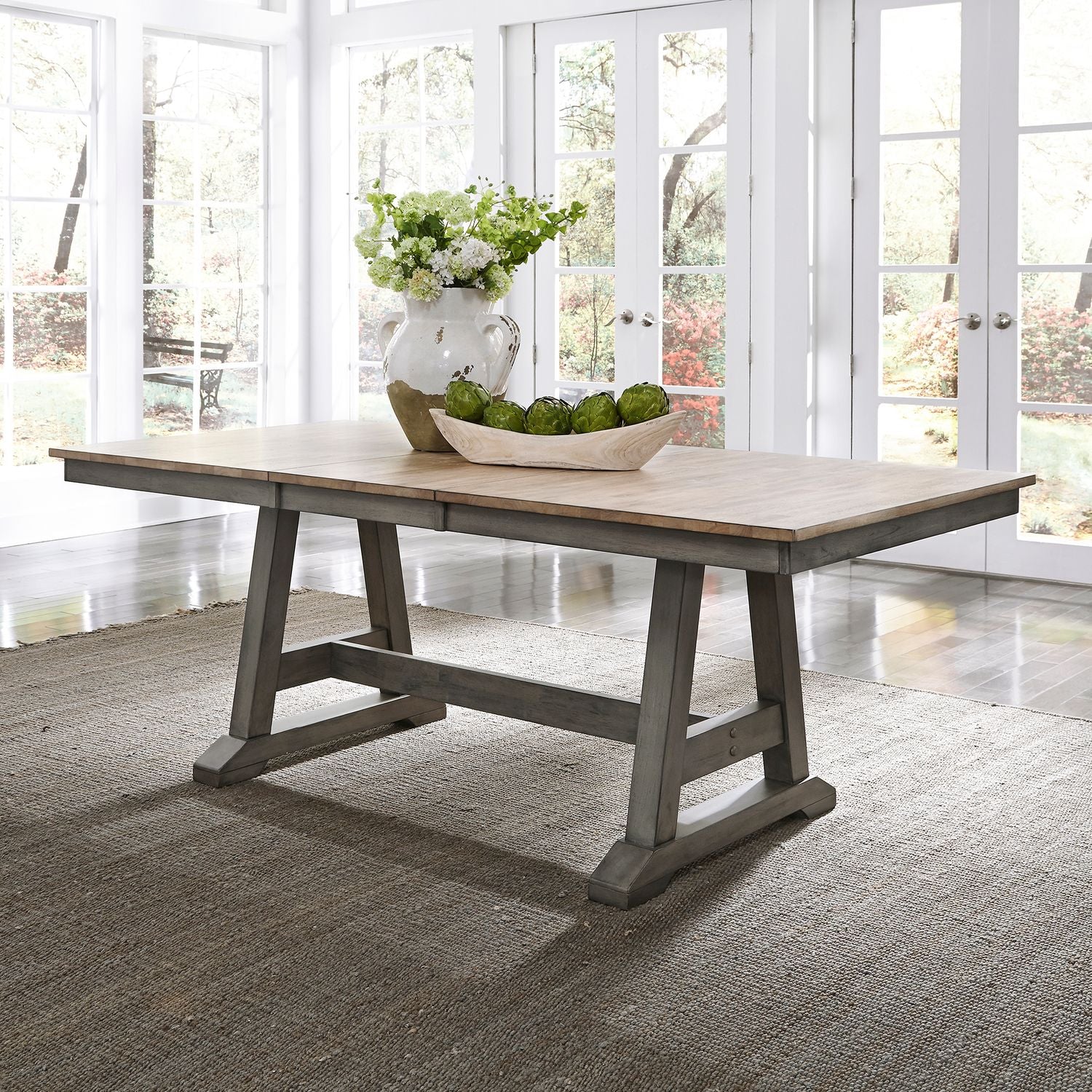 Liberty Furniture Lindsey Farm Trestle Dining Table in Gray and Sandstone image