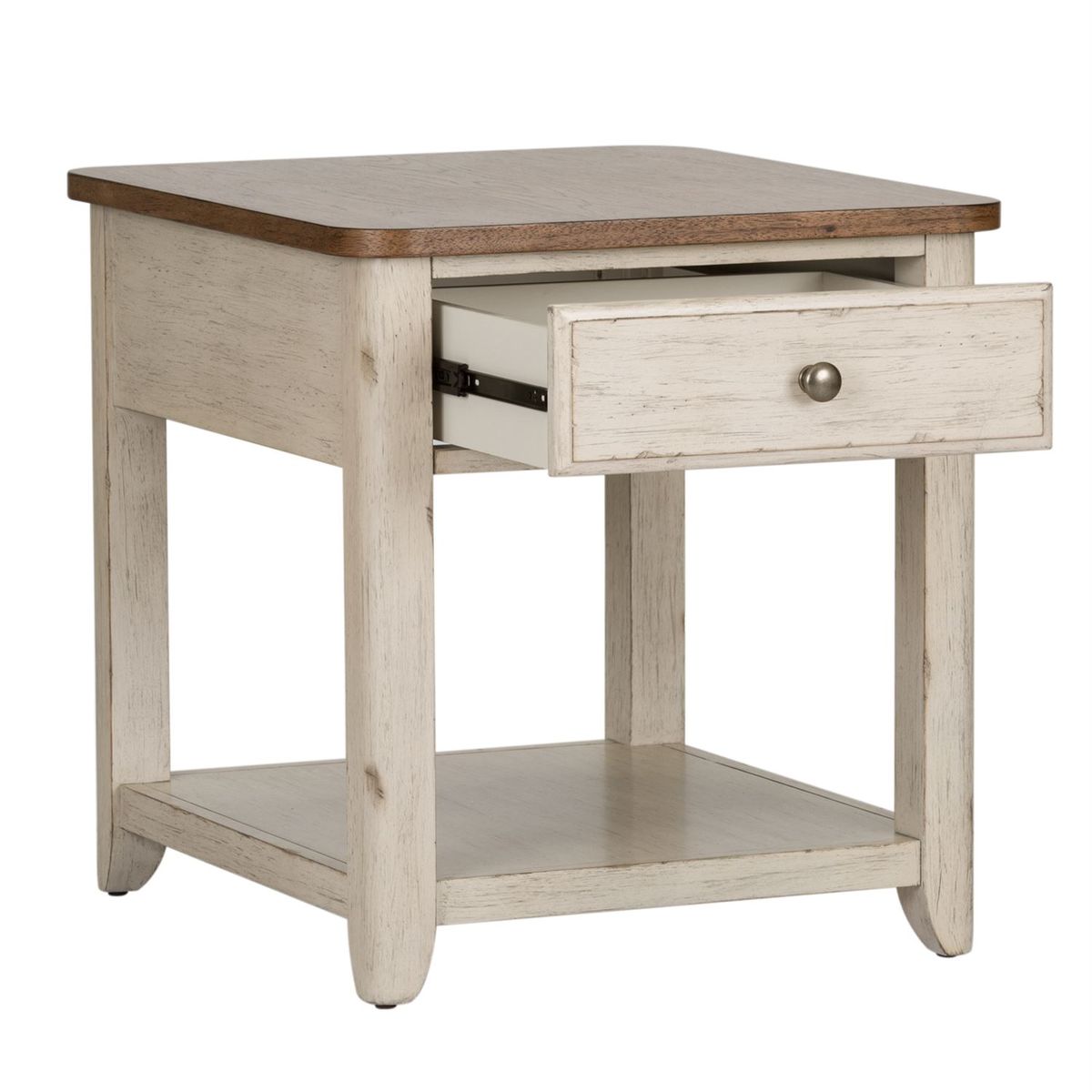 Liberty Farmhouse Reimagined End Table with Basket in Antique White