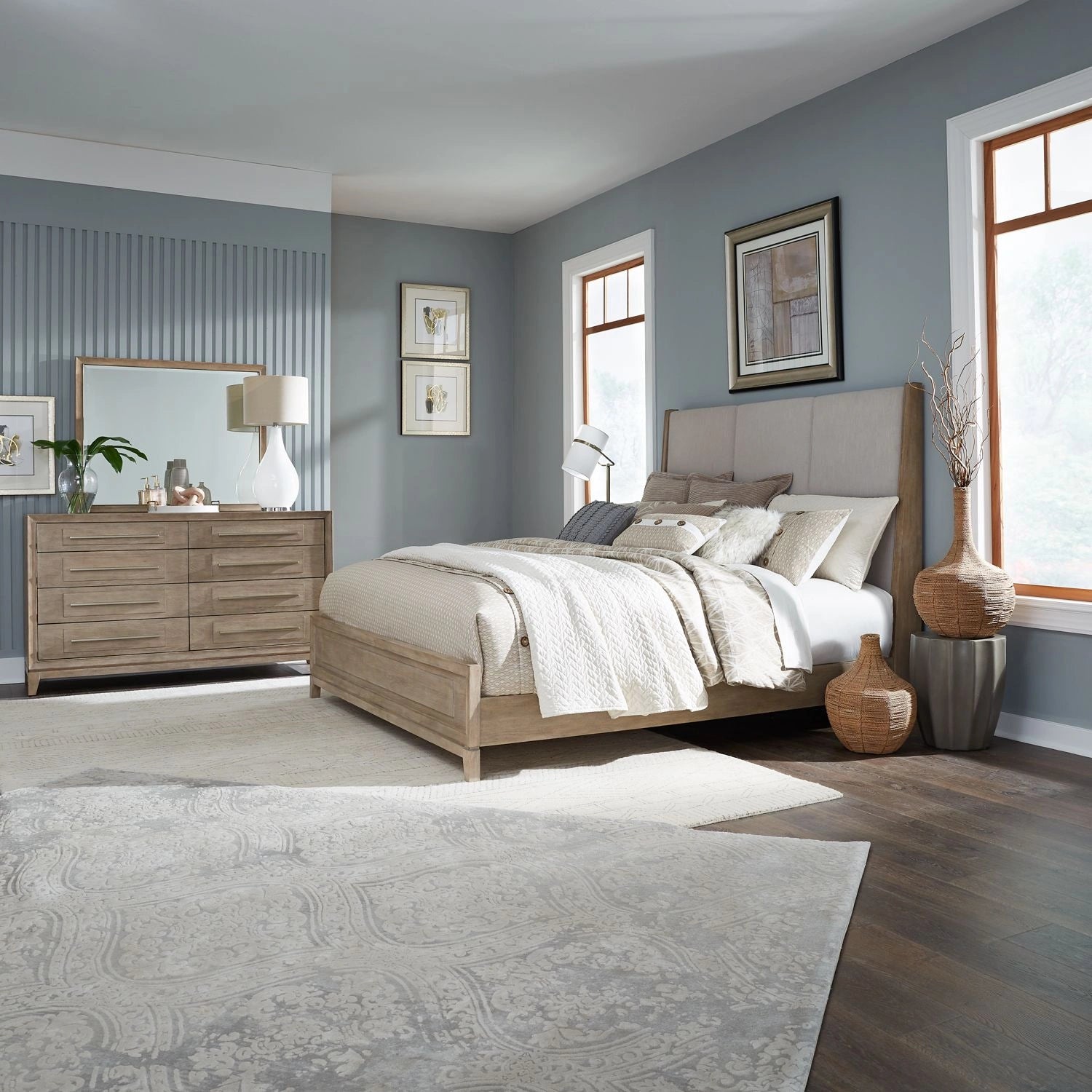 Brentwood King California Uph Bed, Dresser & Mirror image